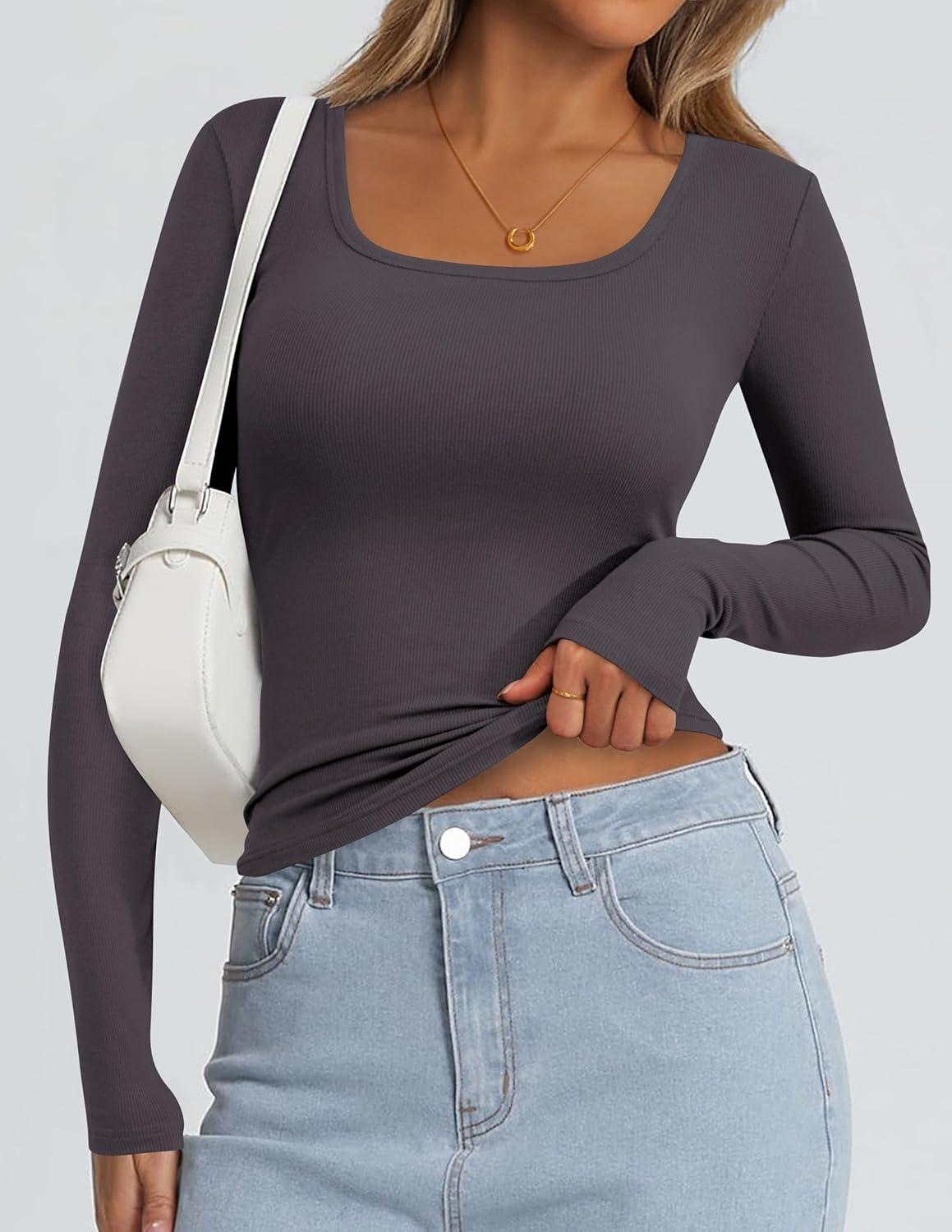 imagePRETTYGARDEN Womens Long Sleeve Tops Fall Clothes 2025 Scoop Neck Ribbed Knit Basic Tees Shirts Going Out Trendy OutfitsDark Grey
