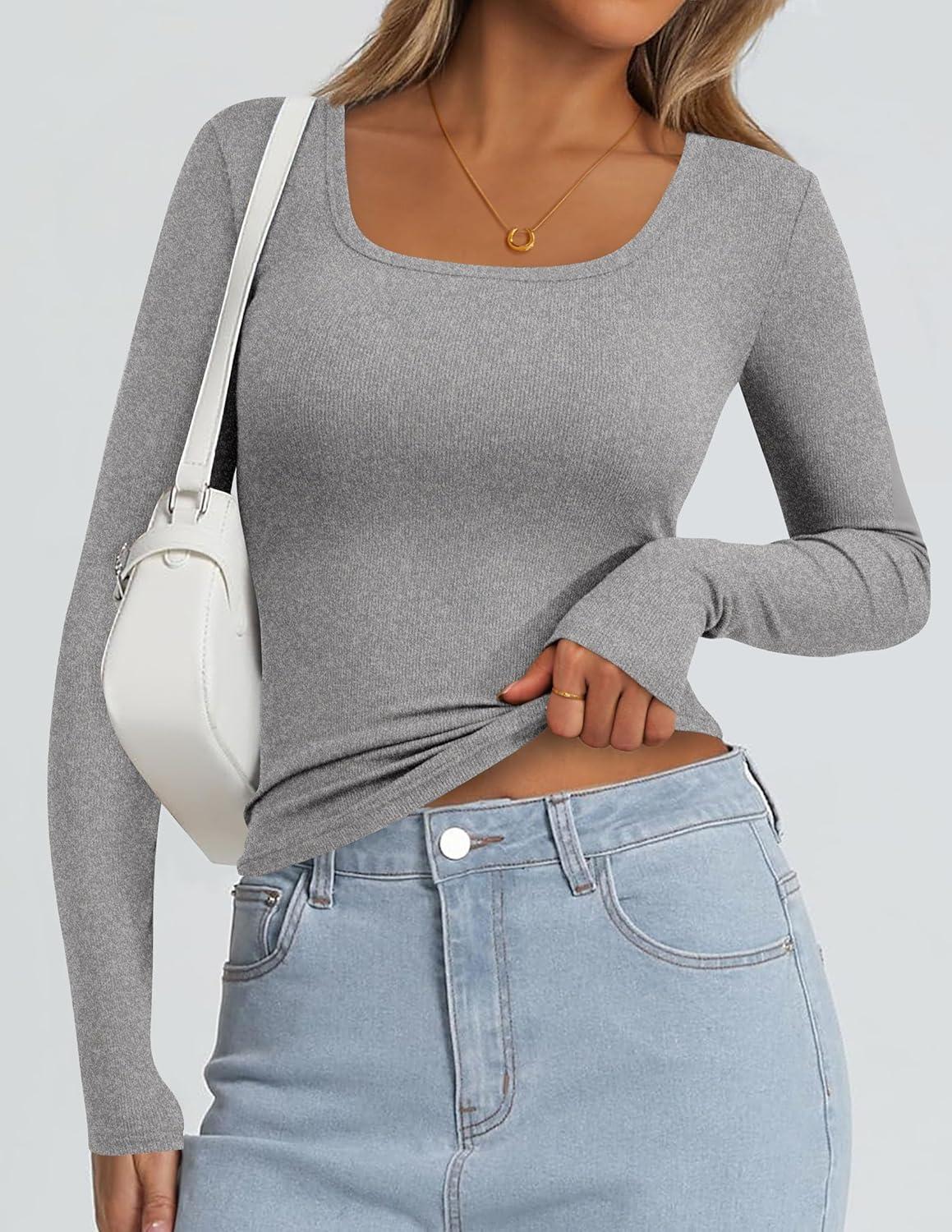 imagePRETTYGARDEN Womens Long Sleeve Tops Fall Clothes 2025 Scoop Neck Ribbed Knit Basic Tees Shirts Going Out Trendy OutfitsGrey