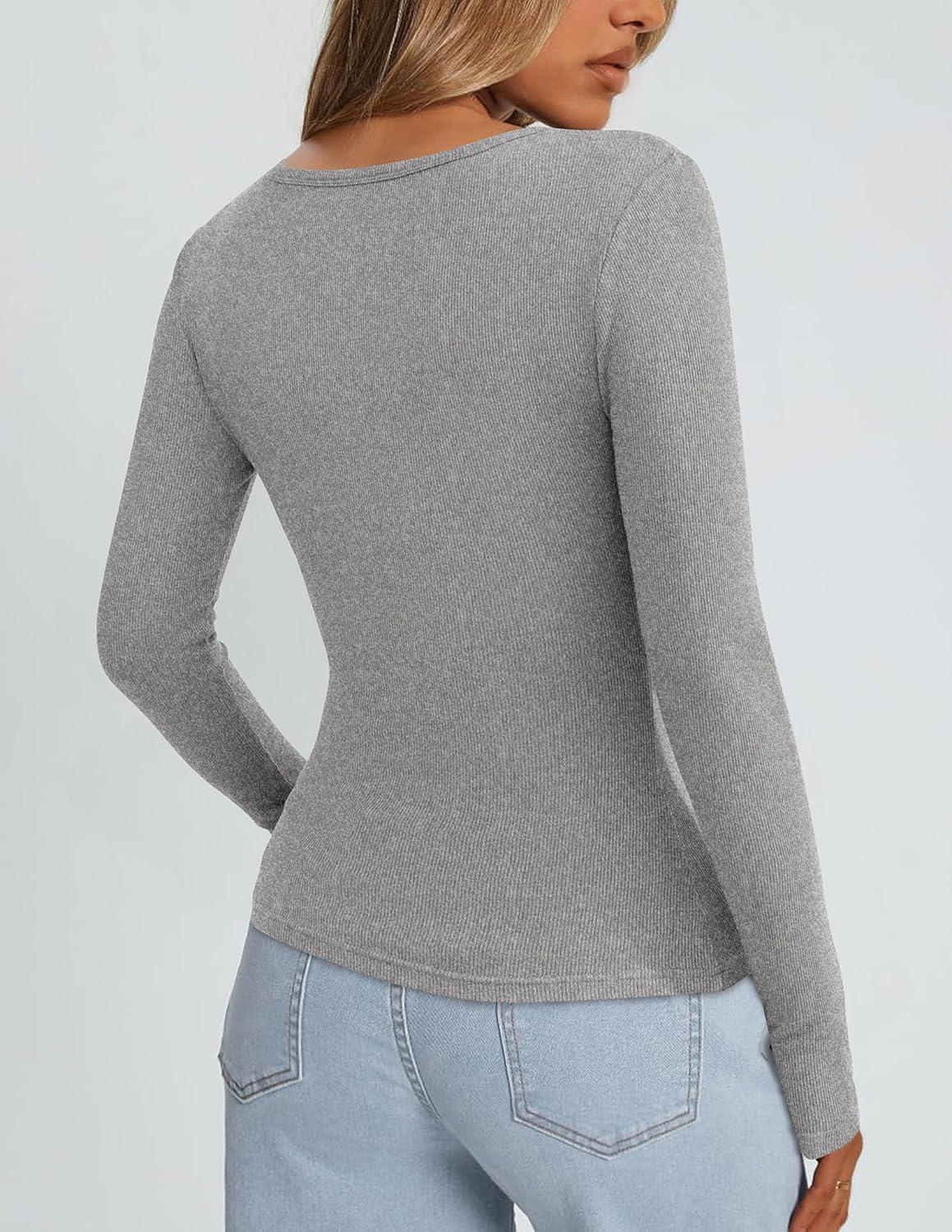 imagePRETTYGARDEN Womens Long Sleeve Tops Fall Clothes 2025 Scoop Neck Ribbed Knit Basic Tees Shirts Going Out Trendy OutfitsGrey