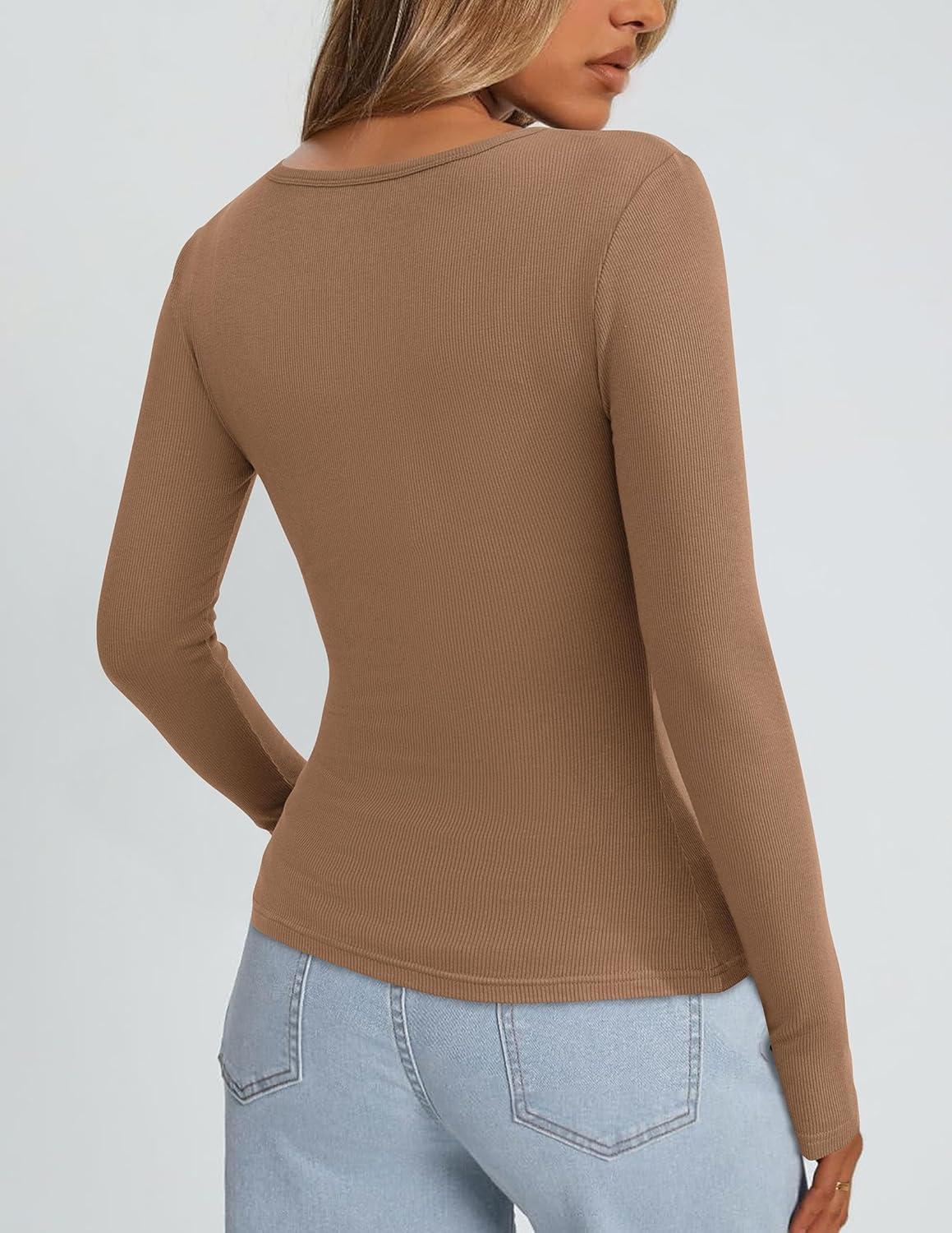 imagePRETTYGARDEN Womens Long Sleeve Tops Fall Clothes 2025 Scoop Neck Ribbed Knit Basic Tees Shirts Going Out Trendy OutfitsLight Khaki