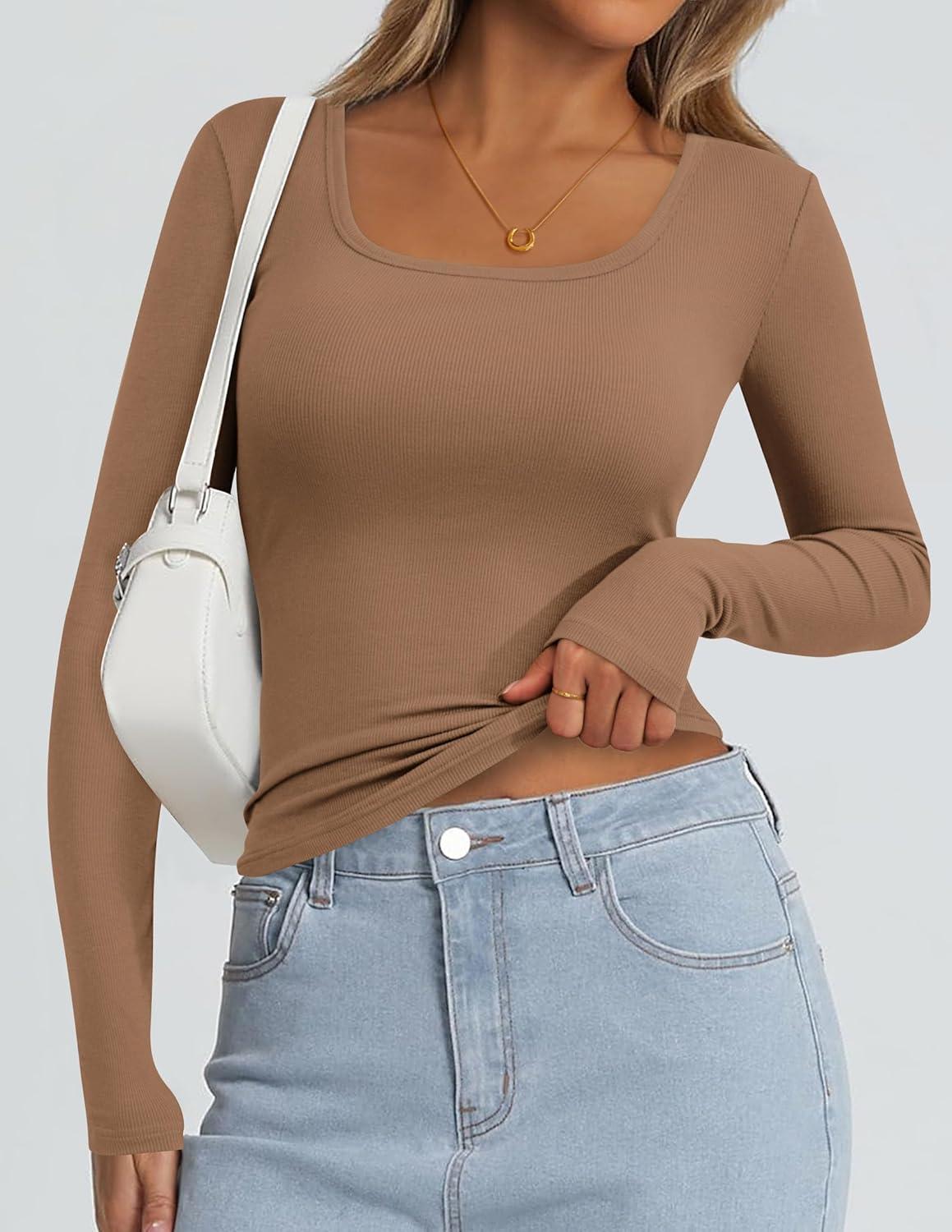 imagePRETTYGARDEN Womens Long Sleeve Tops Fall Clothes 2025 Scoop Neck Ribbed Knit Basic Tees Shirts Going Out Trendy OutfitsLight Khaki