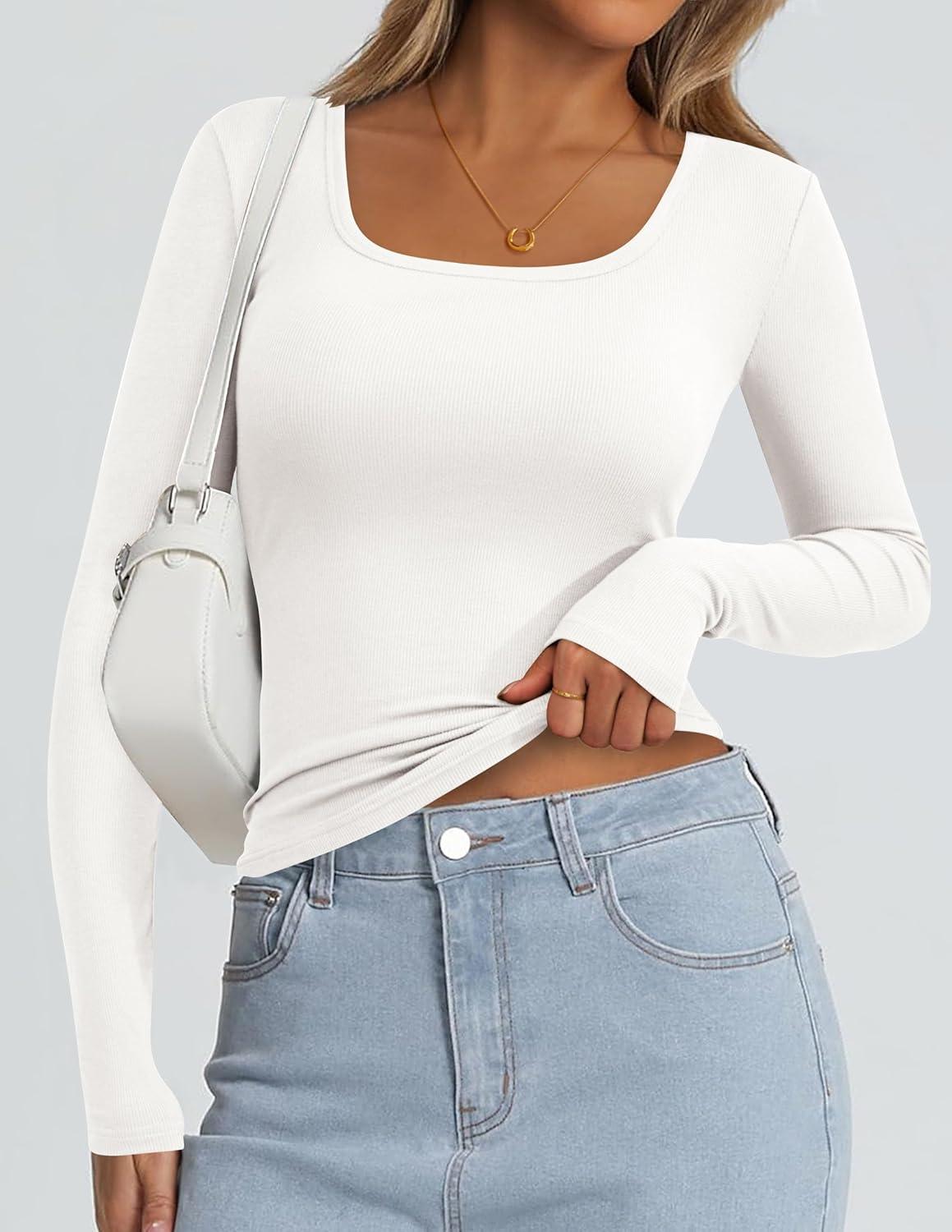 imagePRETTYGARDEN Womens Long Sleeve Tops Fall Clothes 2025 Scoop Neck Ribbed Knit Basic Tees Shirts Going Out Trendy OutfitsWhite