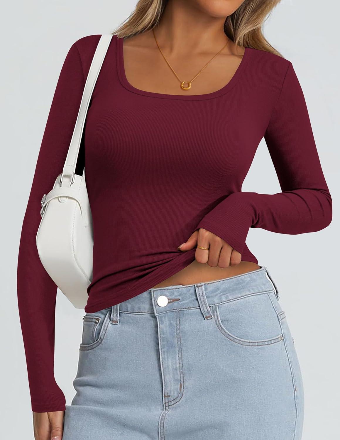 imagePRETTYGARDEN Womens Long Sleeve Tops Fall Clothes 2025 Scoop Neck Ribbed Knit Basic Tees Shirts Going Out Trendy OutfitsWine Red