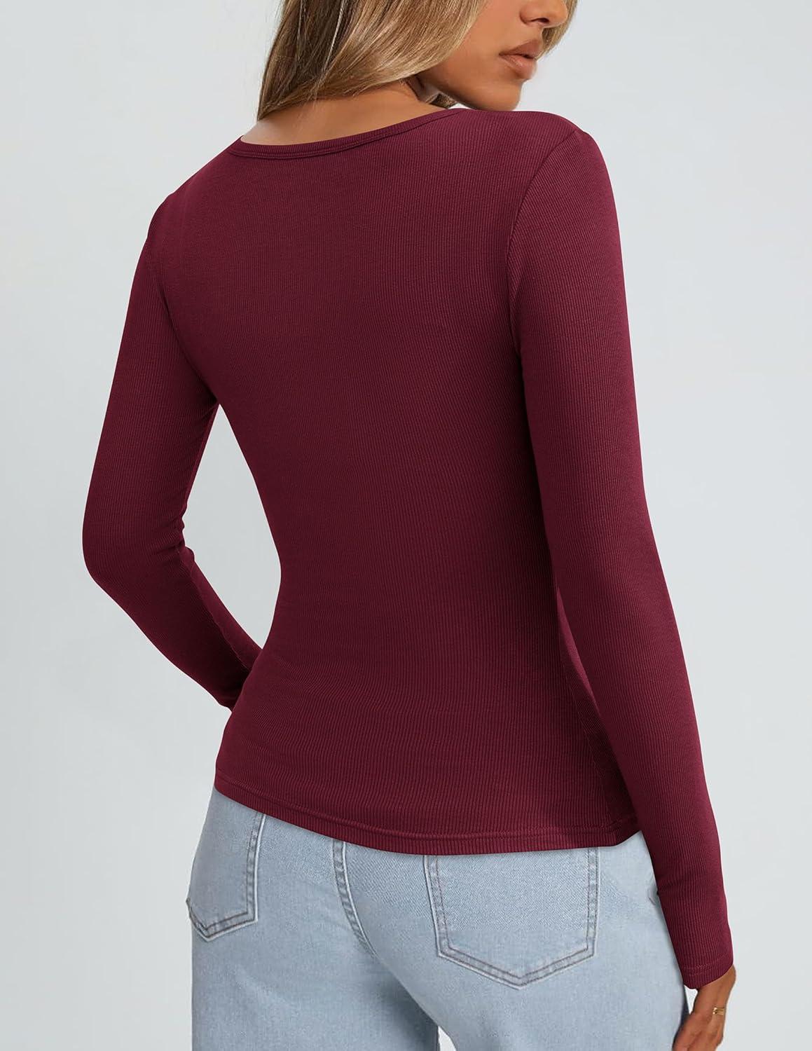 imagePRETTYGARDEN Womens Long Sleeve Tops Fall Clothes 2025 Scoop Neck Ribbed Knit Basic Tees Shirts Going Out Trendy OutfitsWine Red