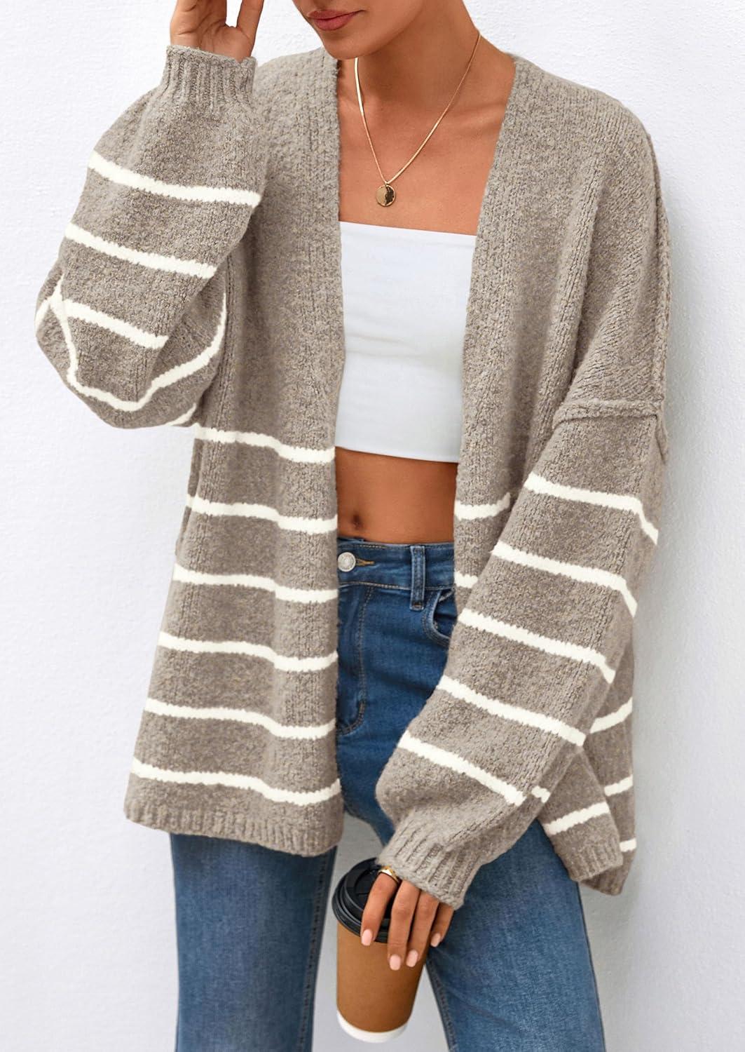 imagePRETTYGARDEN Womens Oversized Cardigan Sweaters 2025 Fall Long Lantern Sleeve Knit Open Front Lightweight SweaterStriped Khaki