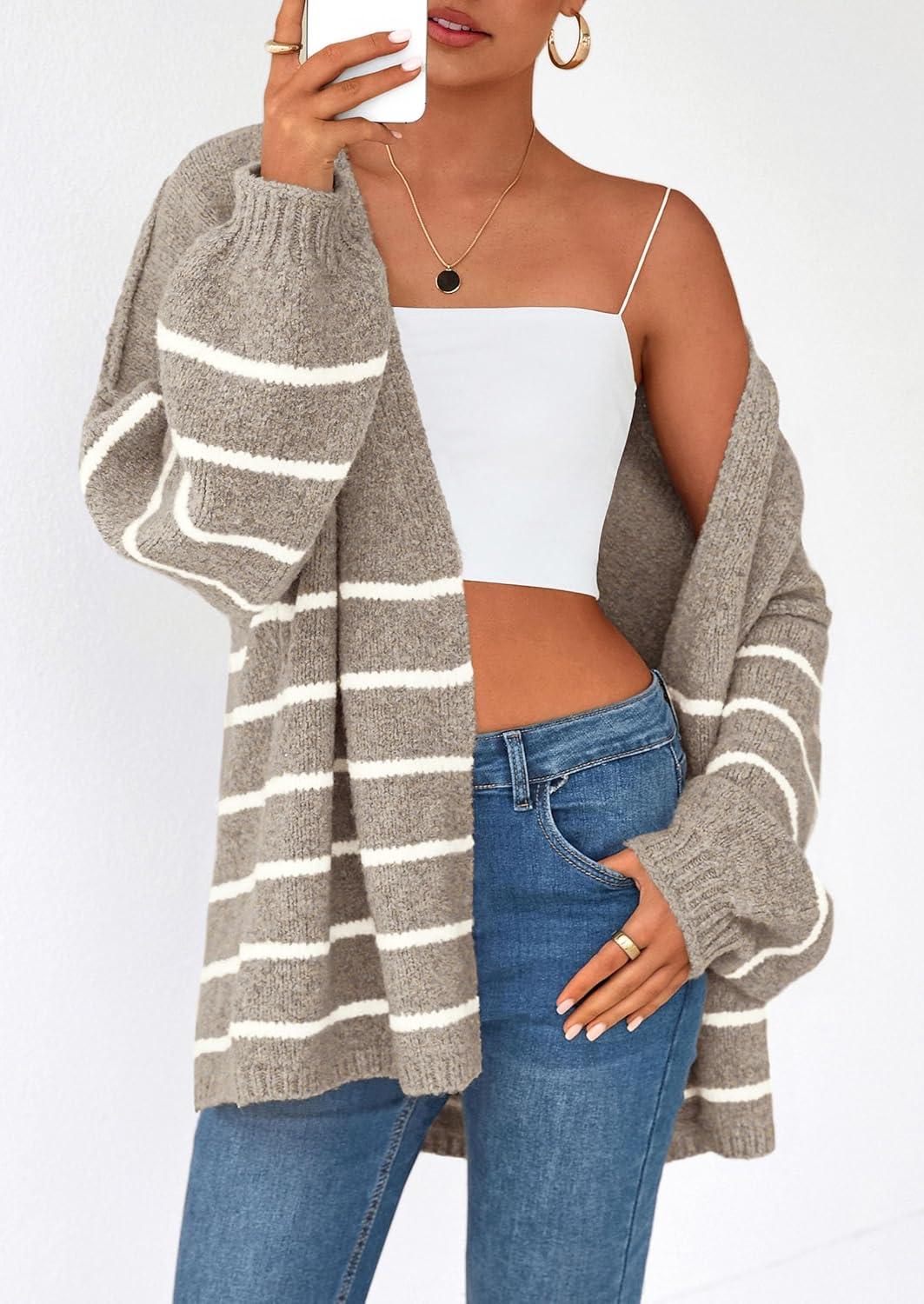 imagePRETTYGARDEN Womens Oversized Cardigan Sweaters 2025 Fall Long Lantern Sleeve Knit Open Front Lightweight SweaterStriped Khaki