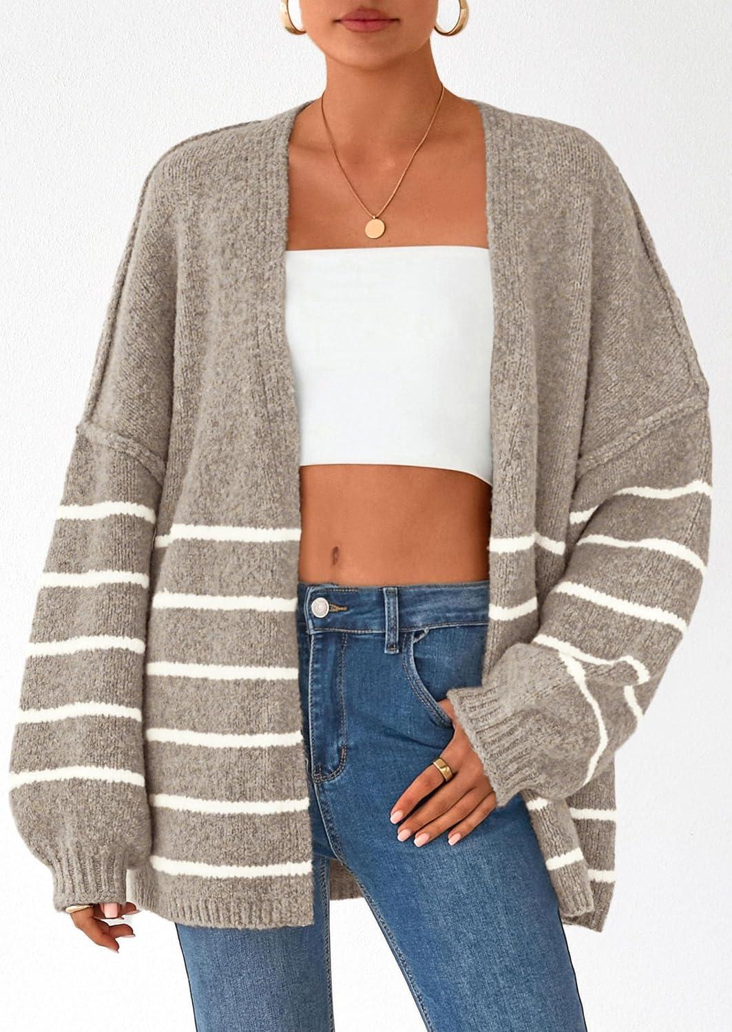 imagePRETTYGARDEN Womens Oversized Cardigan Sweaters 2025 Fall Long Lantern Sleeve Knit Open Front Lightweight SweaterStriped Khaki