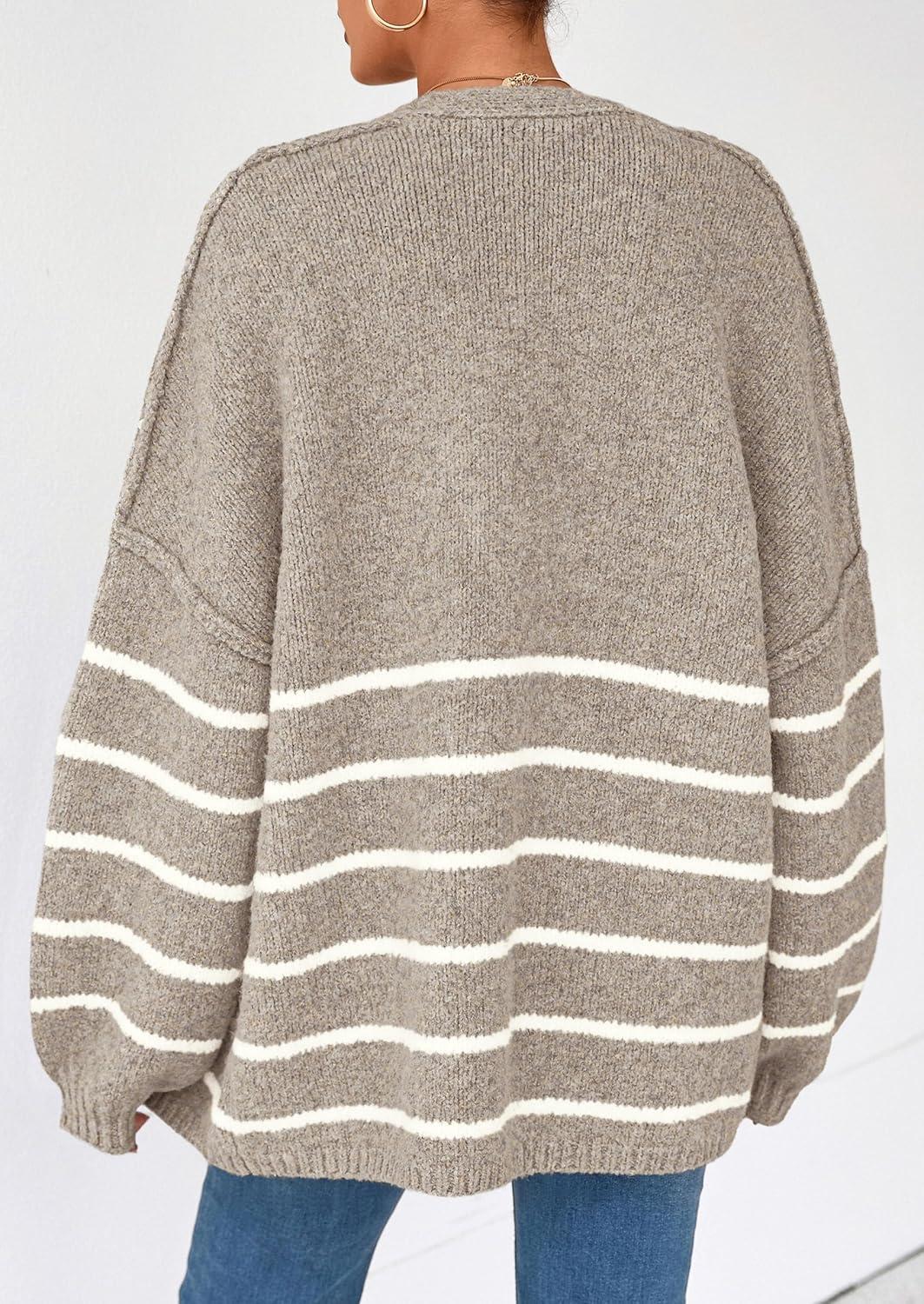 imagePRETTYGARDEN Womens Oversized Cardigan Sweaters 2025 Fall Long Lantern Sleeve Knit Open Front Lightweight SweaterStriped Khaki