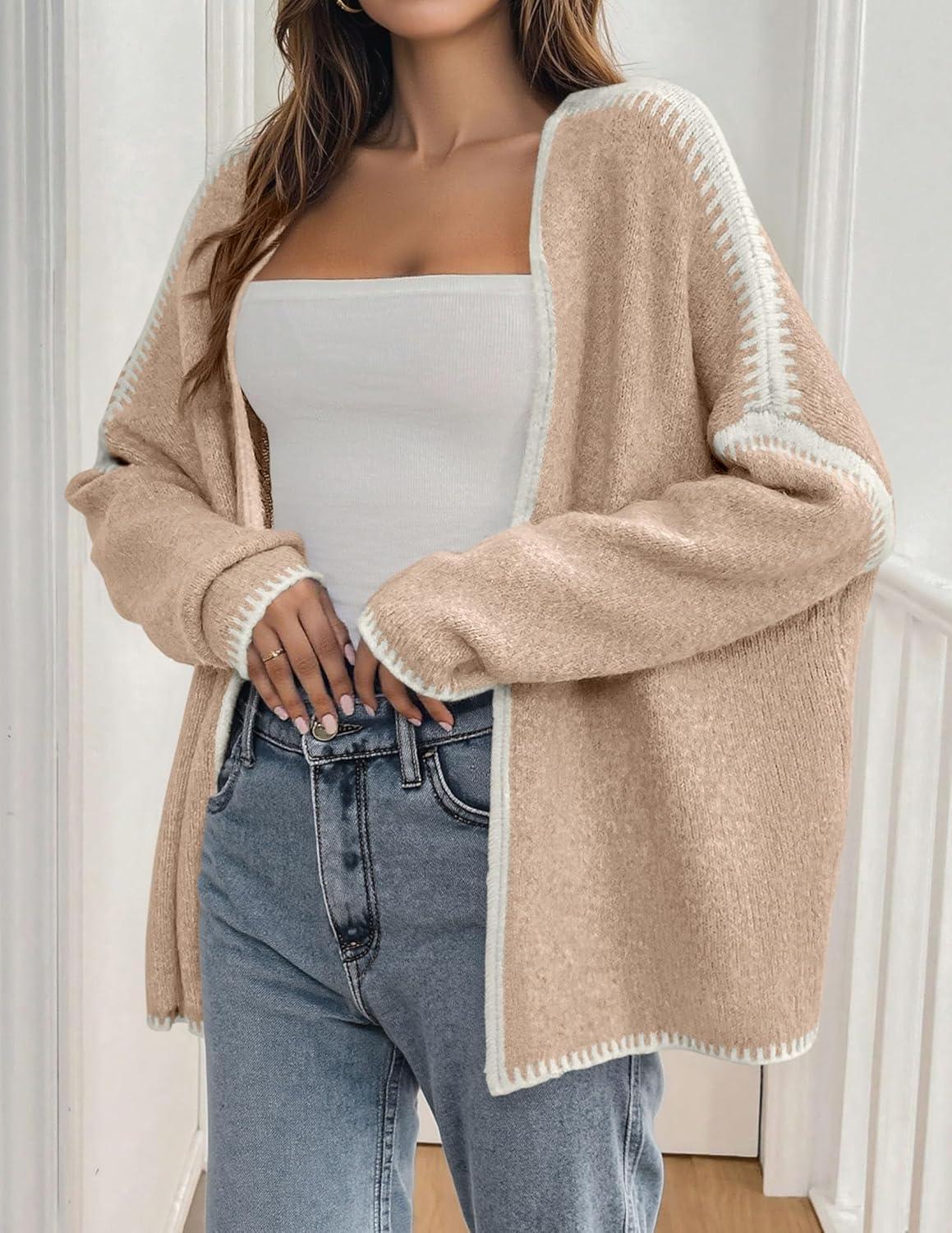 imagePRETTYGARDEN Womens Oversized Cardigan Sweaters 2025 Fall Long Lantern Sleeve Knit Open Front Lightweight SweaterStyle2apricot