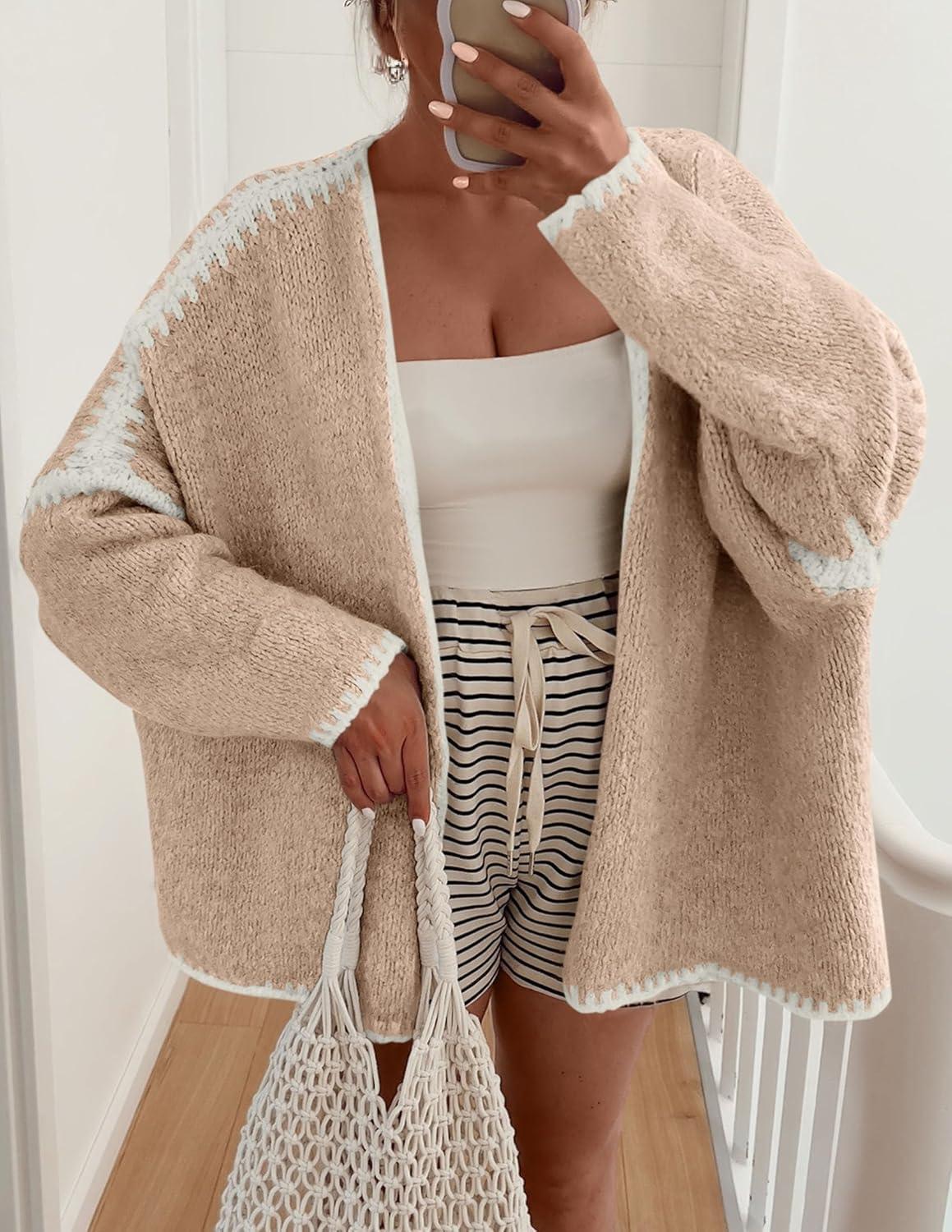 imagePRETTYGARDEN Womens Oversized Cardigan Sweaters 2025 Fall Long Lantern Sleeve Knit Open Front Lightweight SweaterStyle2apricot
