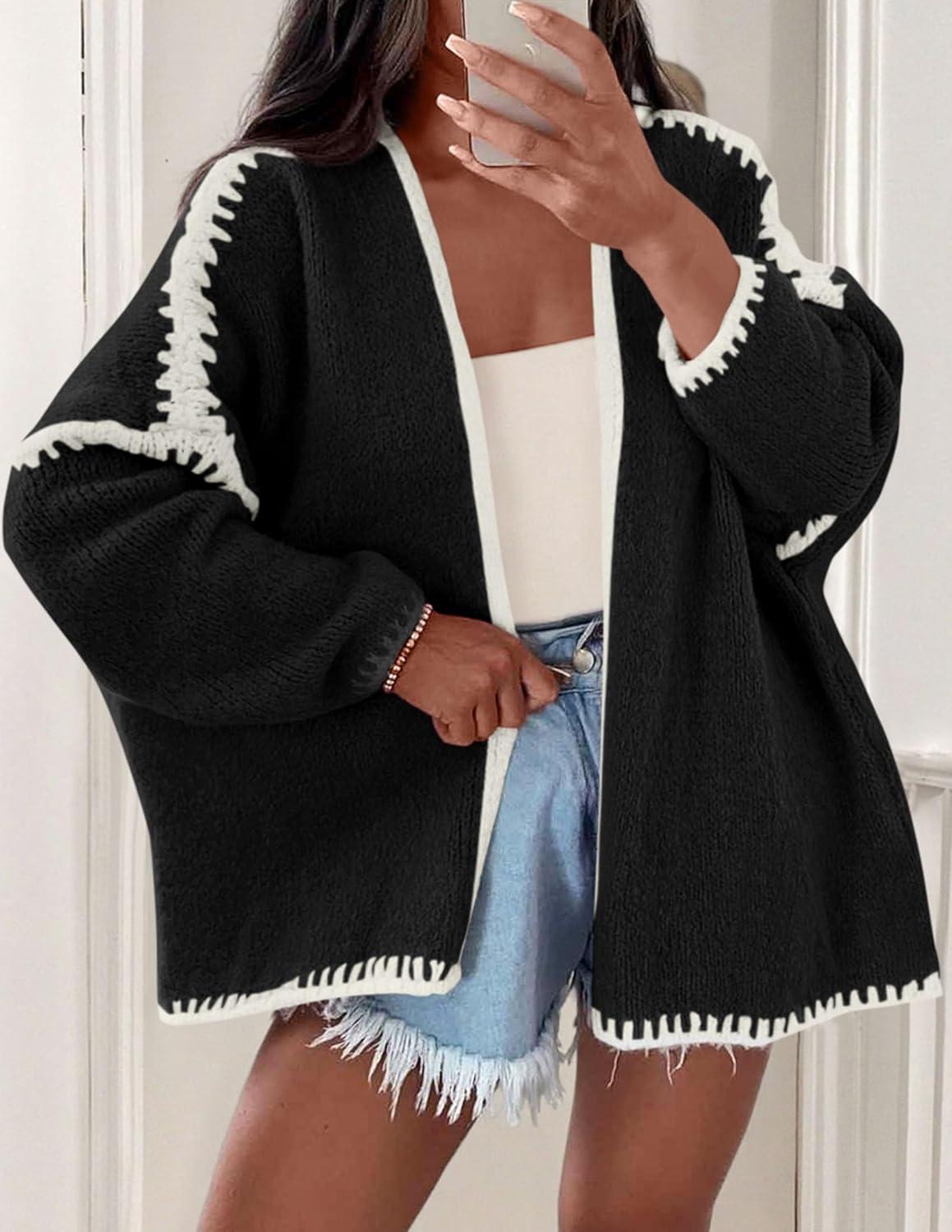 imagePRETTYGARDEN Womens Oversized Cardigan Sweaters 2025 Fall Long Lantern Sleeve Knit Open Front Lightweight SweaterStyle2black
