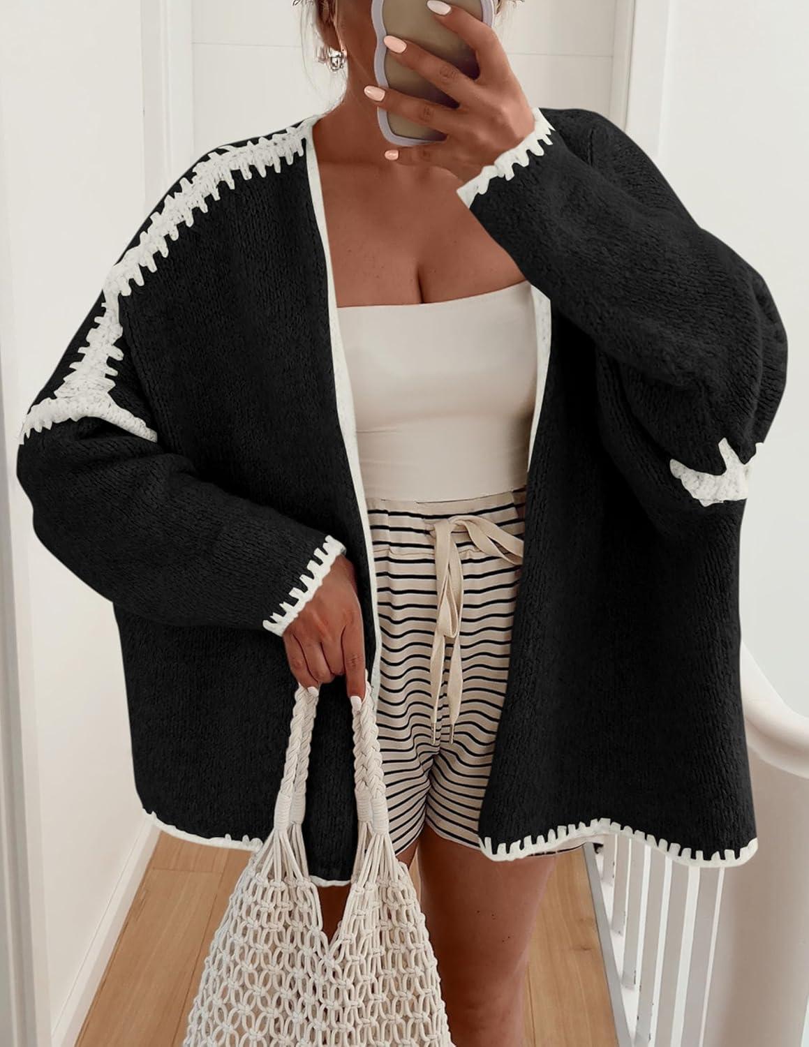 imagePRETTYGARDEN Womens Oversized Cardigan Sweaters 2025 Fall Long Lantern Sleeve Knit Open Front Lightweight SweaterStyle2black