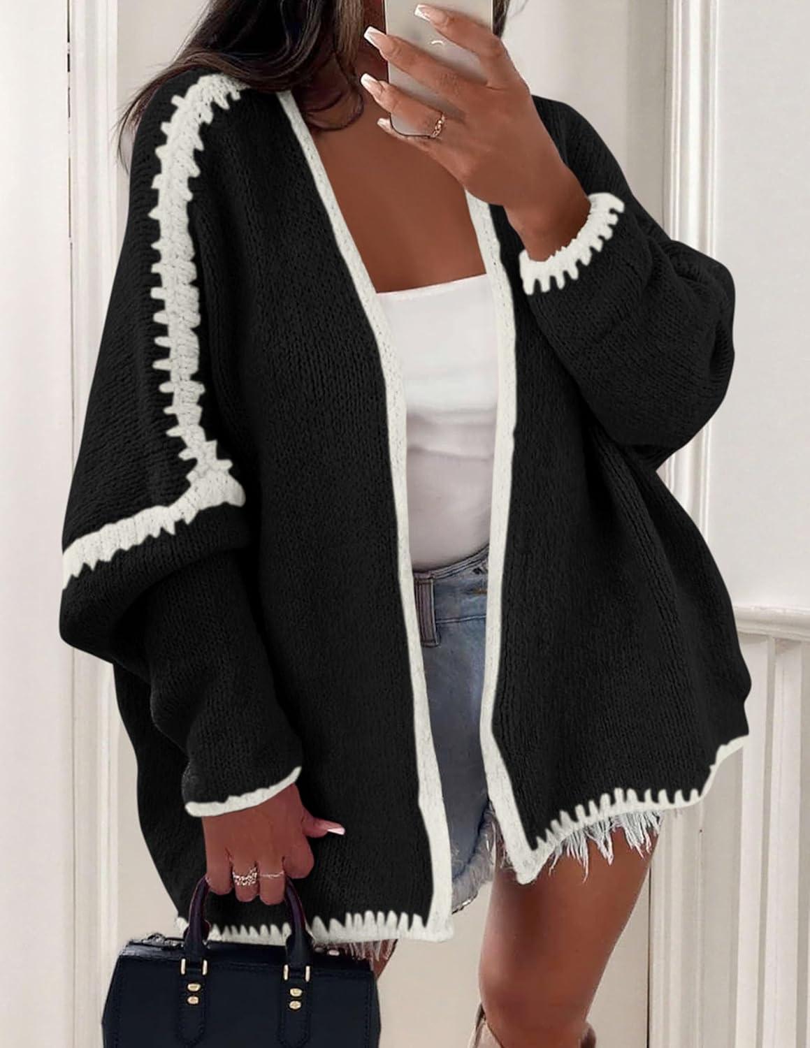 imagePRETTYGARDEN Womens Oversized Cardigan Sweaters 2025 Fall Long Lantern Sleeve Knit Open Front Lightweight SweaterStyle2black