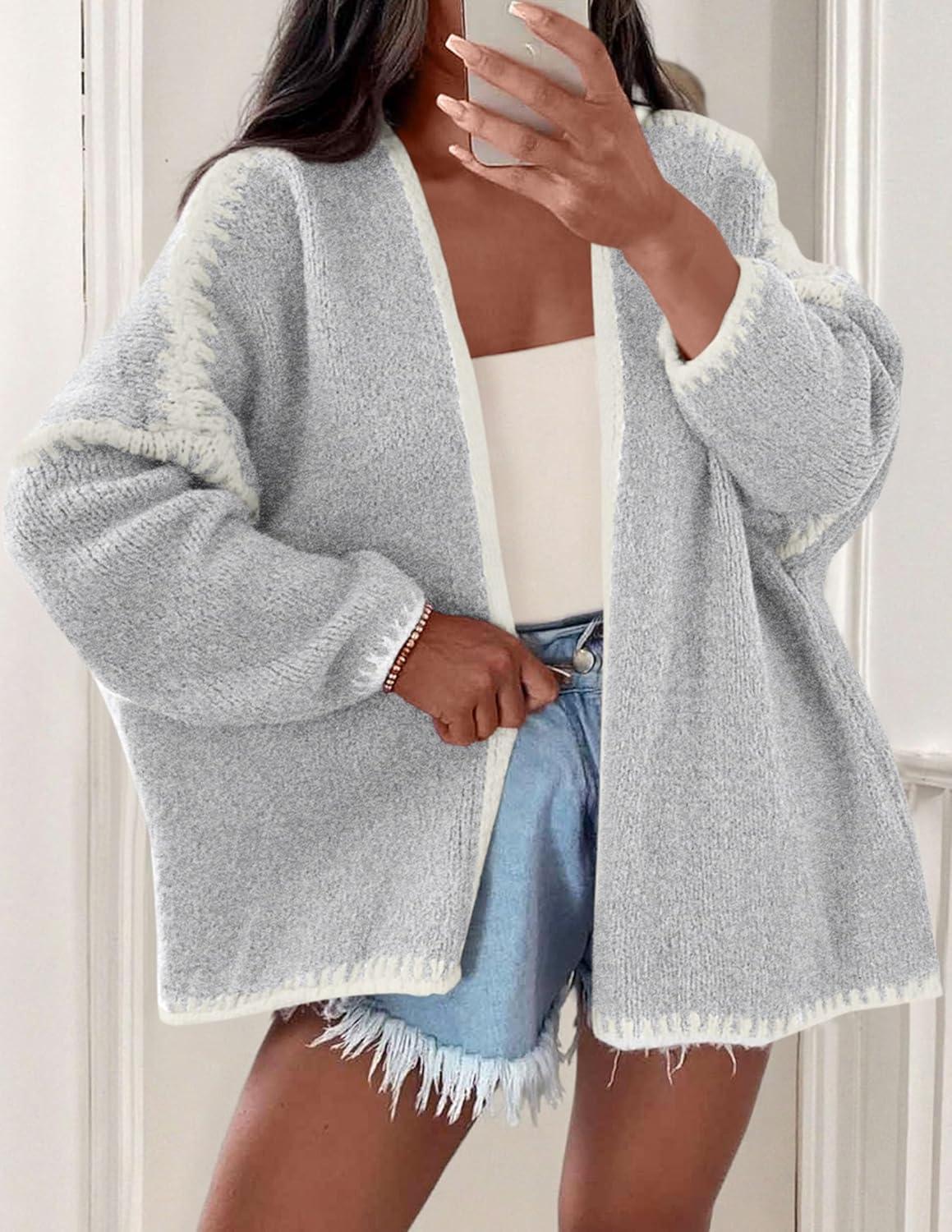 imagePRETTYGARDEN Womens Oversized Cardigan Sweaters 2025 Fall Long Lantern Sleeve Knit Open Front Lightweight SweaterStyle2grey