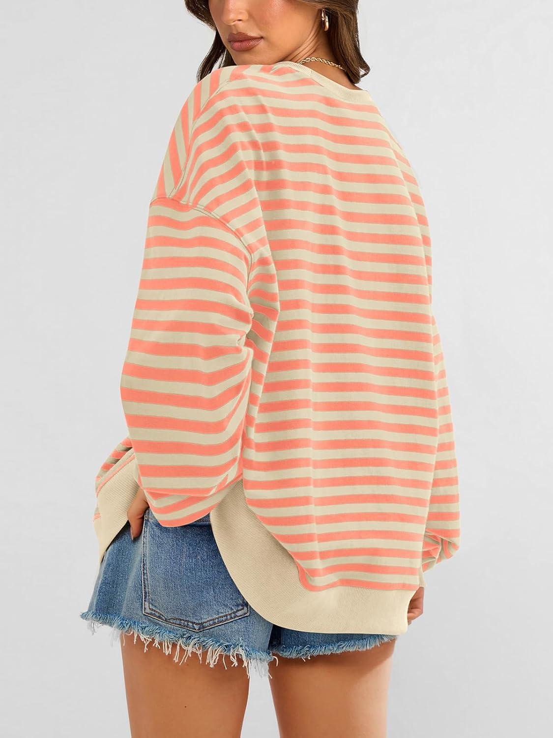 imagePRETTYGARDEN Womens Striped Oversized Sweatshirt Color Block Crew Neck Long Sleeve Casual Loose Pullover Top Y2K ClothesApricot Orange