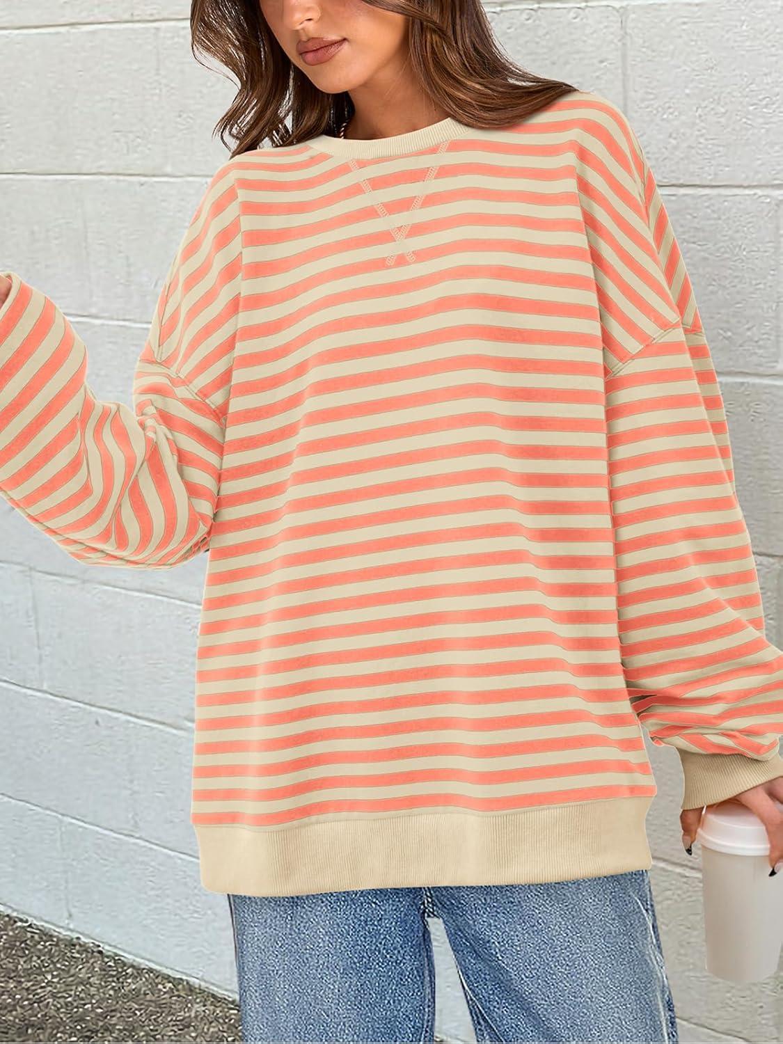 imagePRETTYGARDEN Womens Striped Oversized Sweatshirt Color Block Crew Neck Long Sleeve Casual Loose Pullover Top Y2K ClothesApricot Orange
