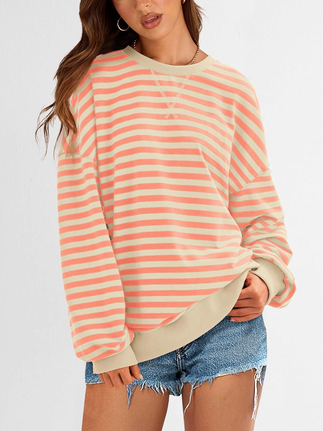 imagePRETTYGARDEN Womens Striped Oversized Sweatshirt Color Block Crew Neck Long Sleeve Casual Loose Pullover Top Y2K ClothesApricot Orange