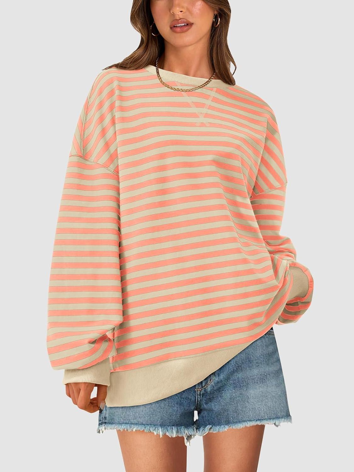 imagePRETTYGARDEN Womens Striped Oversized Sweatshirt Color Block Crew Neck Long Sleeve Casual Loose Pullover Top Y2K ClothesApricot Orange