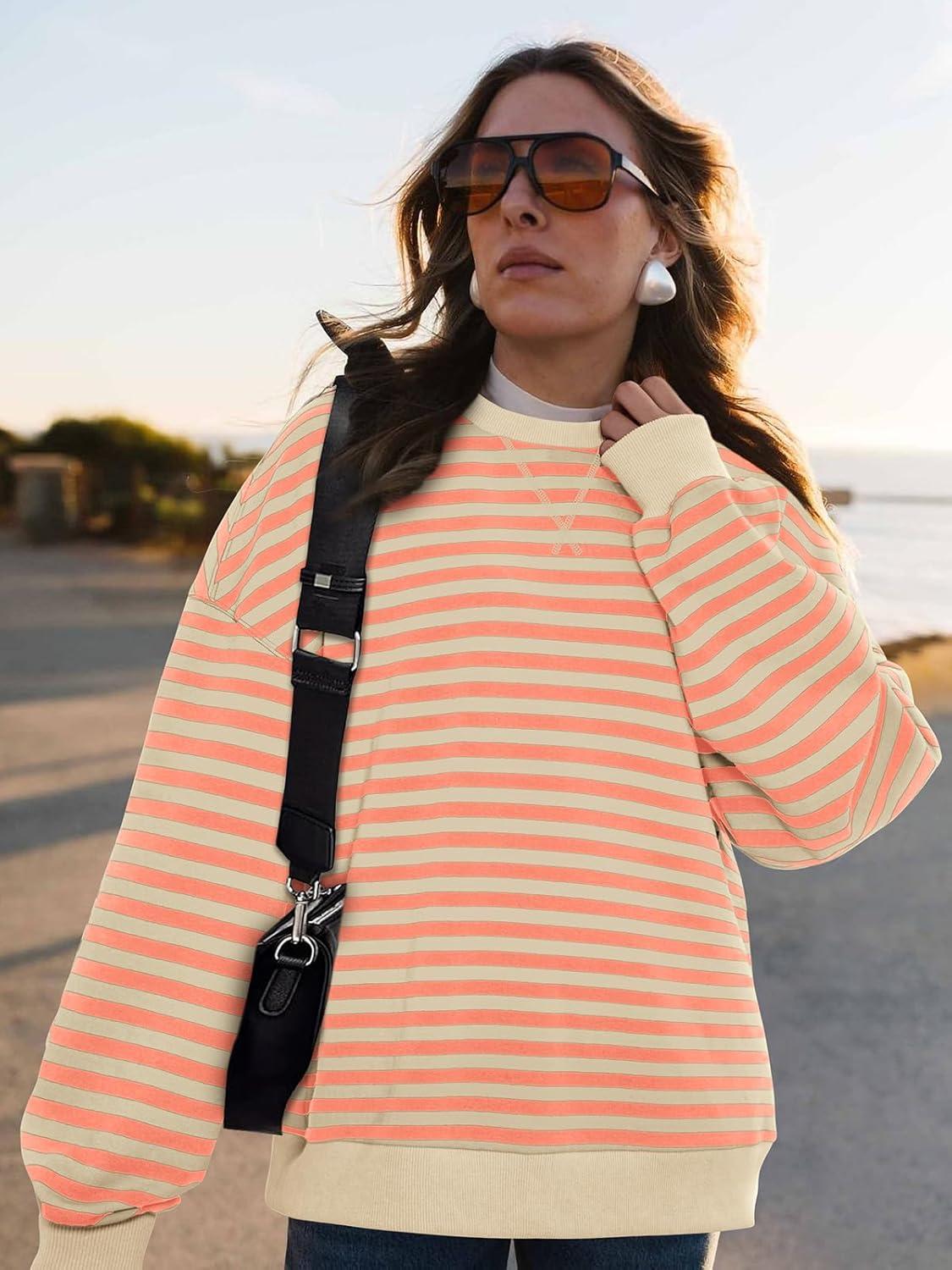 imagePRETTYGARDEN Womens Striped Oversized Sweatshirt Color Block Crew Neck Long Sleeve Casual Loose Pullover Top Y2K ClothesApricot Orange