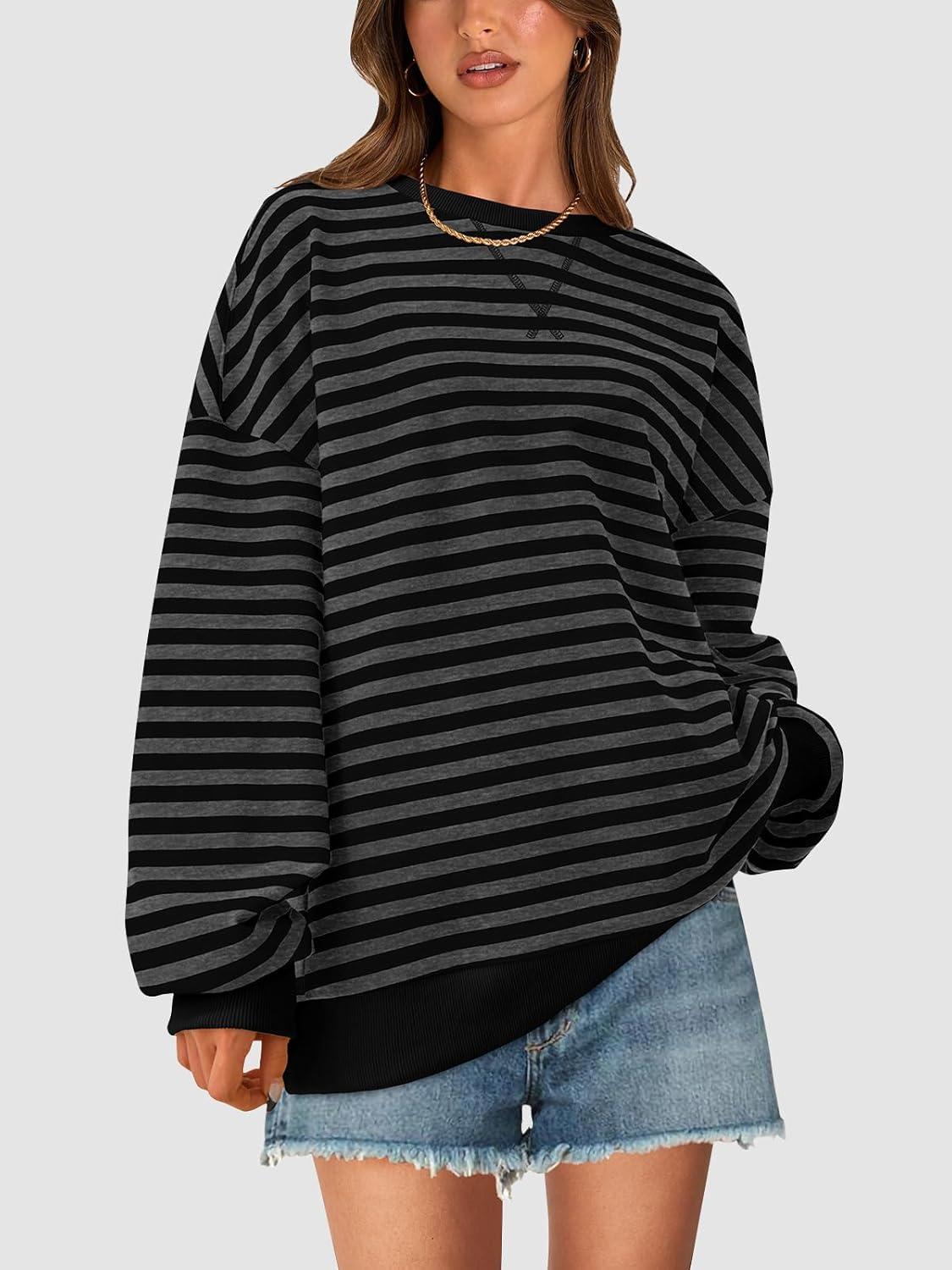 imagePRETTYGARDEN Womens Striped Oversized Sweatshirt Color Block Crew Neck Long Sleeve Casual Loose Pullover Top Y2K ClothesBlack Dark Grey
