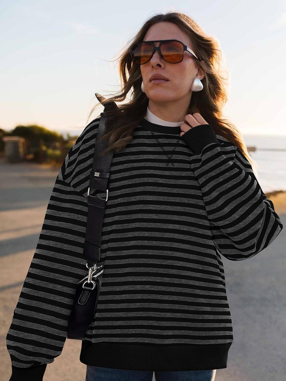imagePRETTYGARDEN Womens Striped Oversized Sweatshirt Color Block Crew Neck Long Sleeve Casual Loose Pullover Top Y2K ClothesBlack Dark Grey