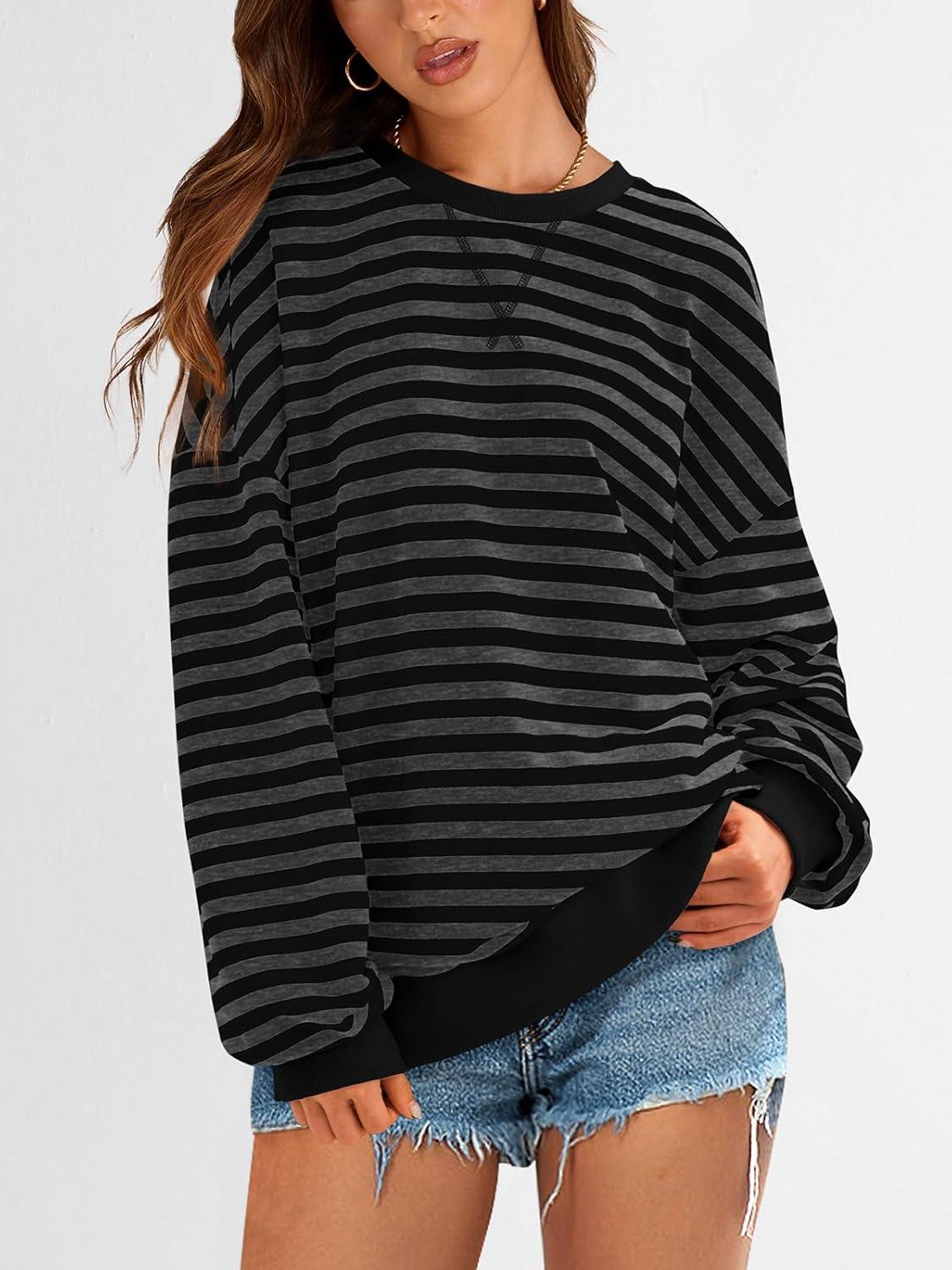 imagePRETTYGARDEN Womens Striped Oversized Sweatshirt Color Block Crew Neck Long Sleeve Casual Loose Pullover Top Y2K ClothesBlack Dark Grey