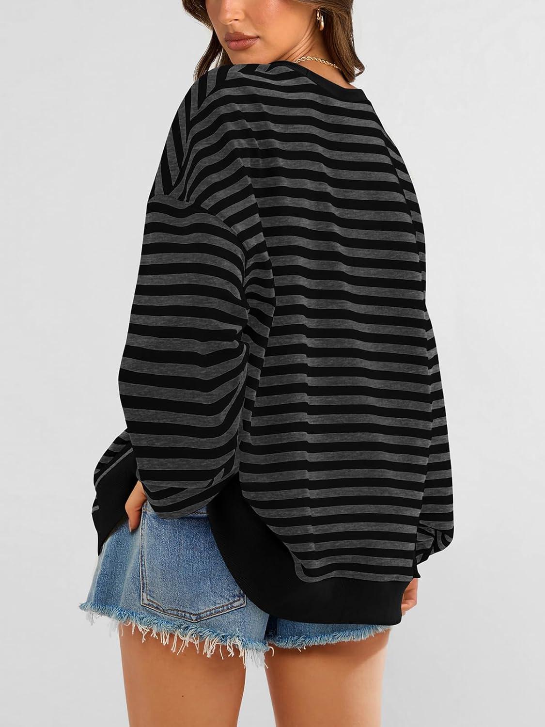 imagePRETTYGARDEN Womens Striped Oversized Sweatshirt Color Block Crew Neck Long Sleeve Casual Loose Pullover Top Y2K ClothesBlack Dark Grey