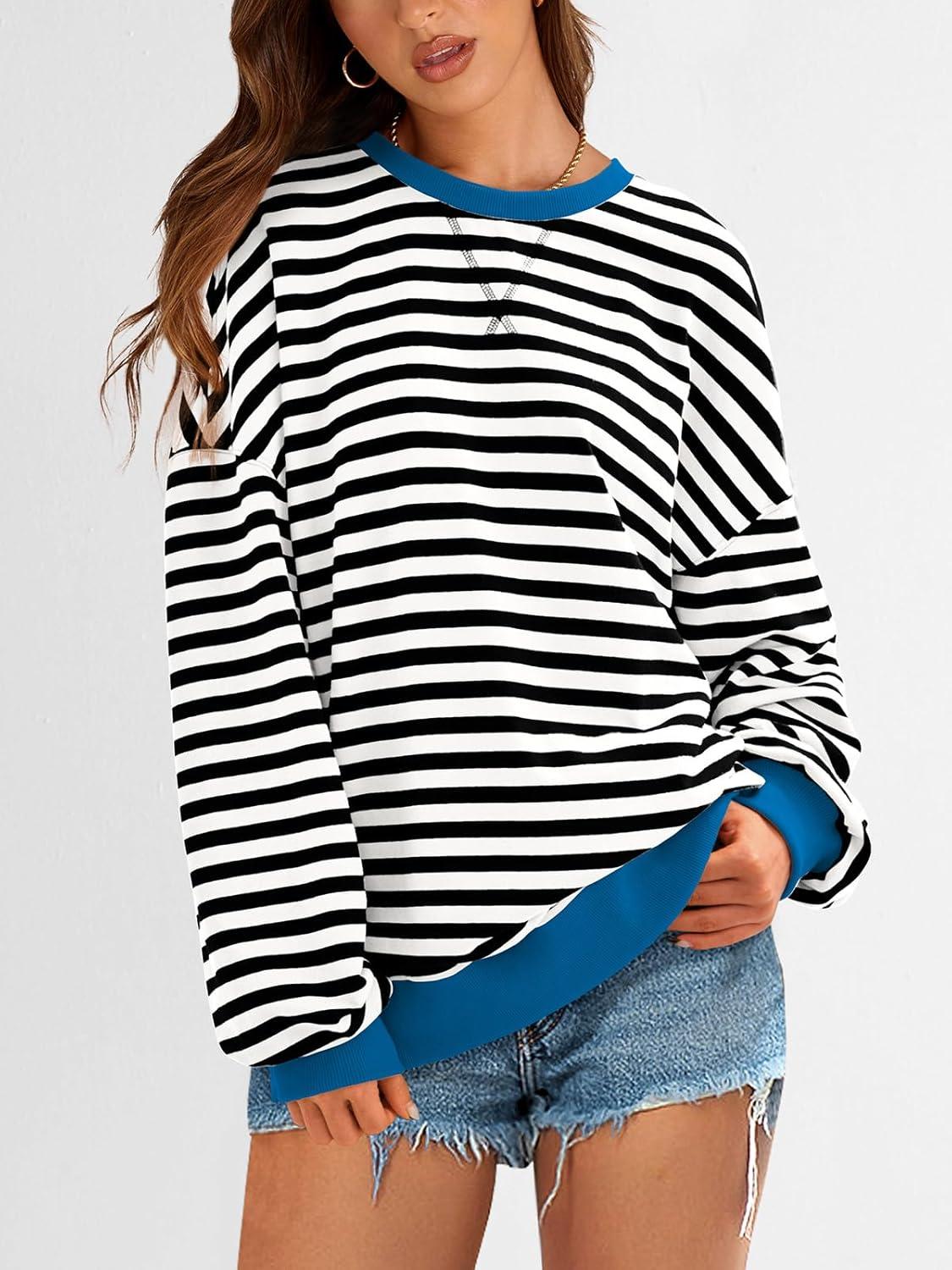 imagePRETTYGARDEN Womens Striped Oversized Sweatshirt Color Block Crew Neck Long Sleeve Casual Loose Pullover Top Y2K ClothesBlack White