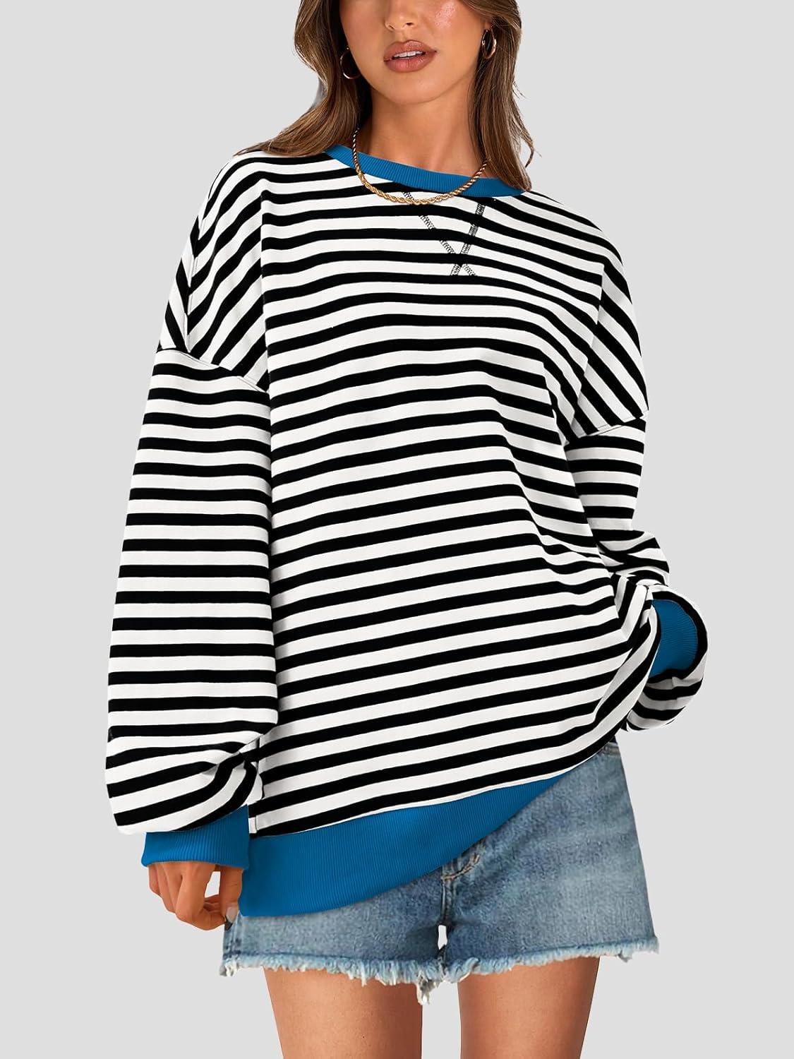 imagePRETTYGARDEN Womens Striped Oversized Sweatshirt Color Block Crew Neck Long Sleeve Casual Loose Pullover Top Y2K ClothesBlack White