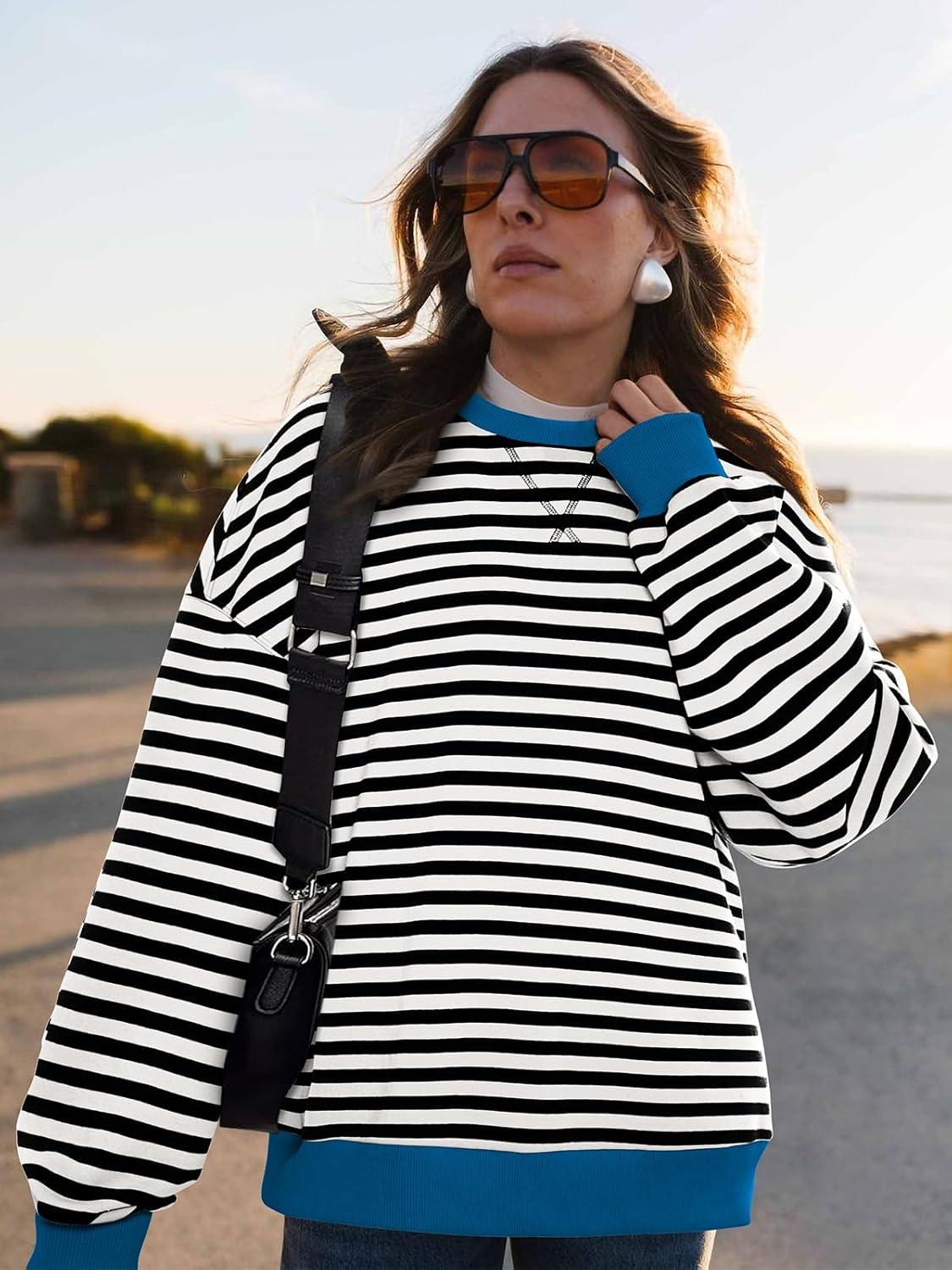 imagePRETTYGARDEN Womens Striped Oversized Sweatshirt Color Block Crew Neck Long Sleeve Casual Loose Pullover Top Y2K ClothesBlack White