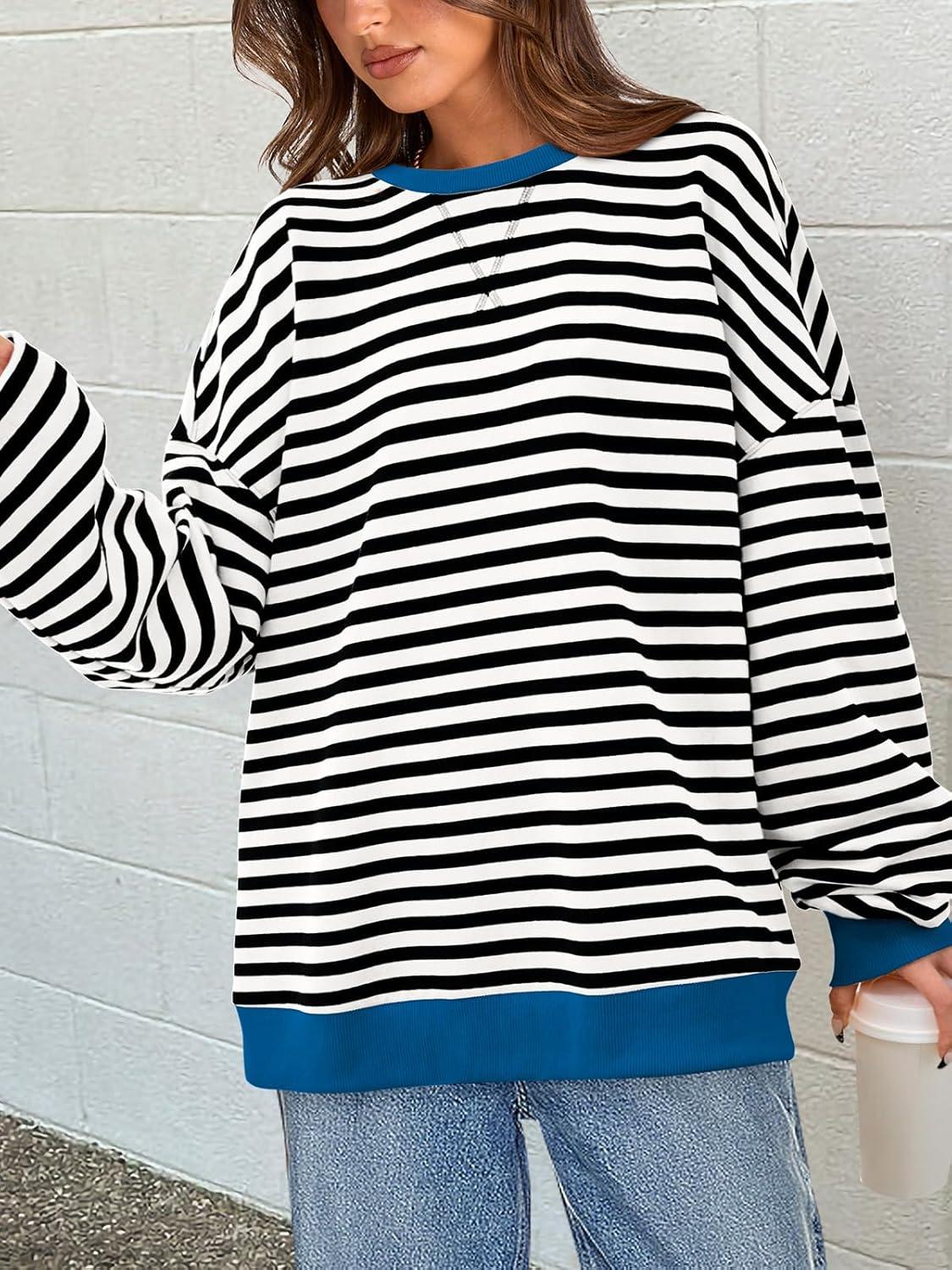 imagePRETTYGARDEN Womens Striped Oversized Sweatshirt Color Block Crew Neck Long Sleeve Casual Loose Pullover Top Y2K ClothesBlack White
