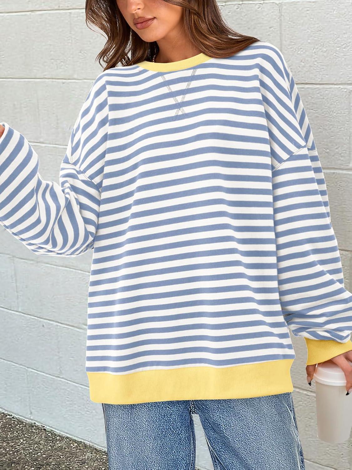 imagePRETTYGARDEN Womens Striped Oversized Sweatshirt Color Block Crew Neck Long Sleeve Casual Loose Pullover Top Y2K ClothesBlue Beige