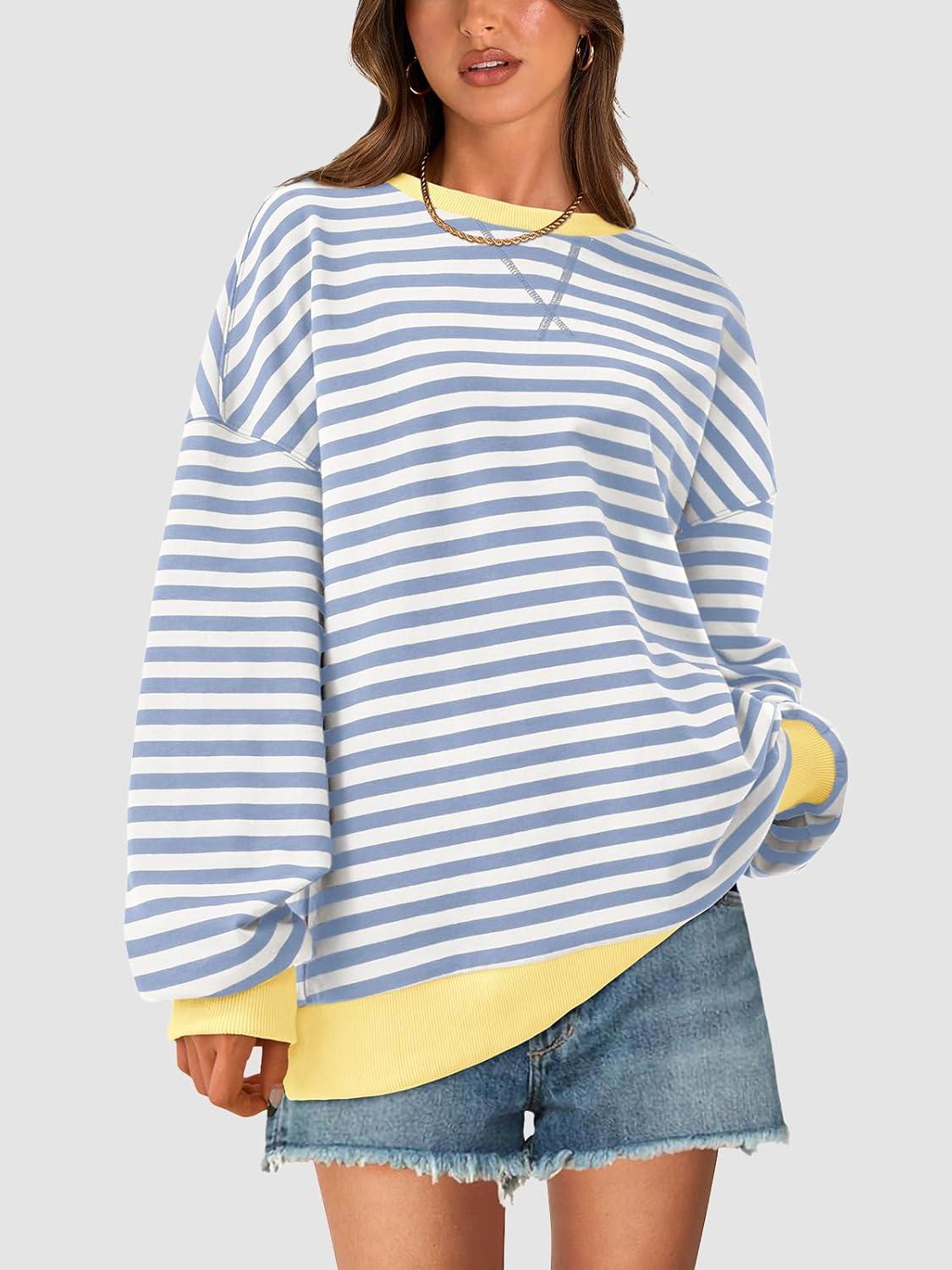 imagePRETTYGARDEN Womens Striped Oversized Sweatshirt Color Block Crew Neck Long Sleeve Casual Loose Pullover Top Y2K ClothesBlue Beige