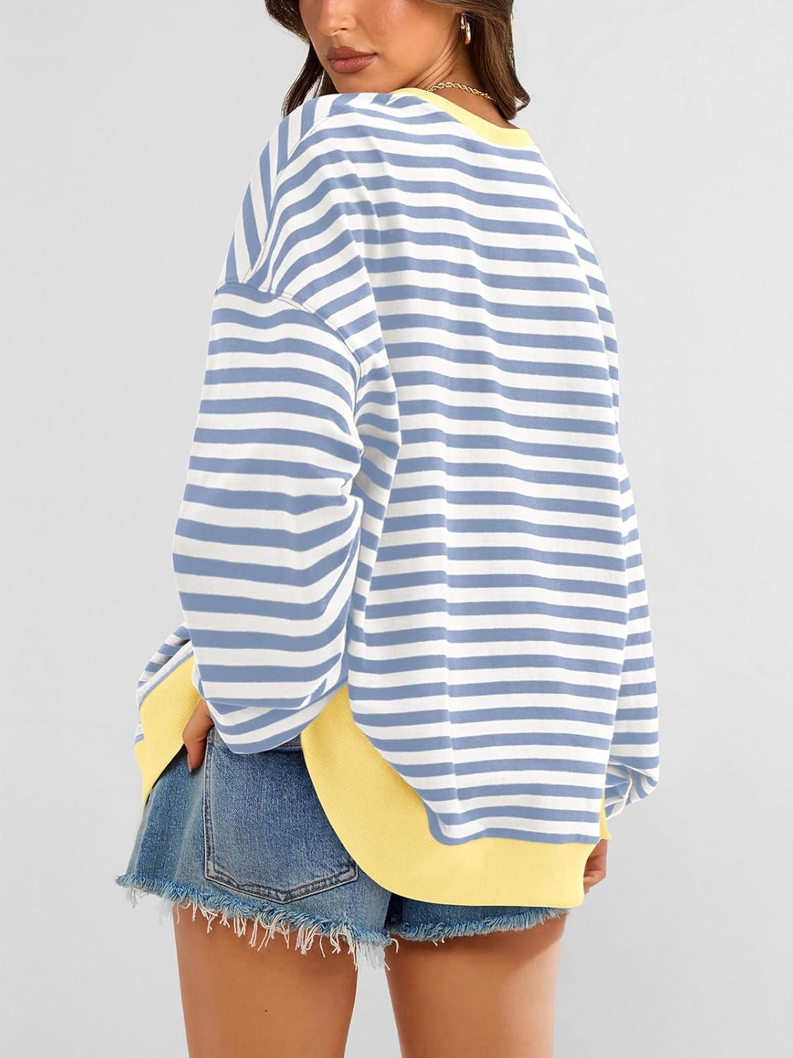 imagePRETTYGARDEN Womens Striped Oversized Sweatshirt Color Block Crew Neck Long Sleeve Casual Loose Pullover Top Y2K ClothesBlue Beige