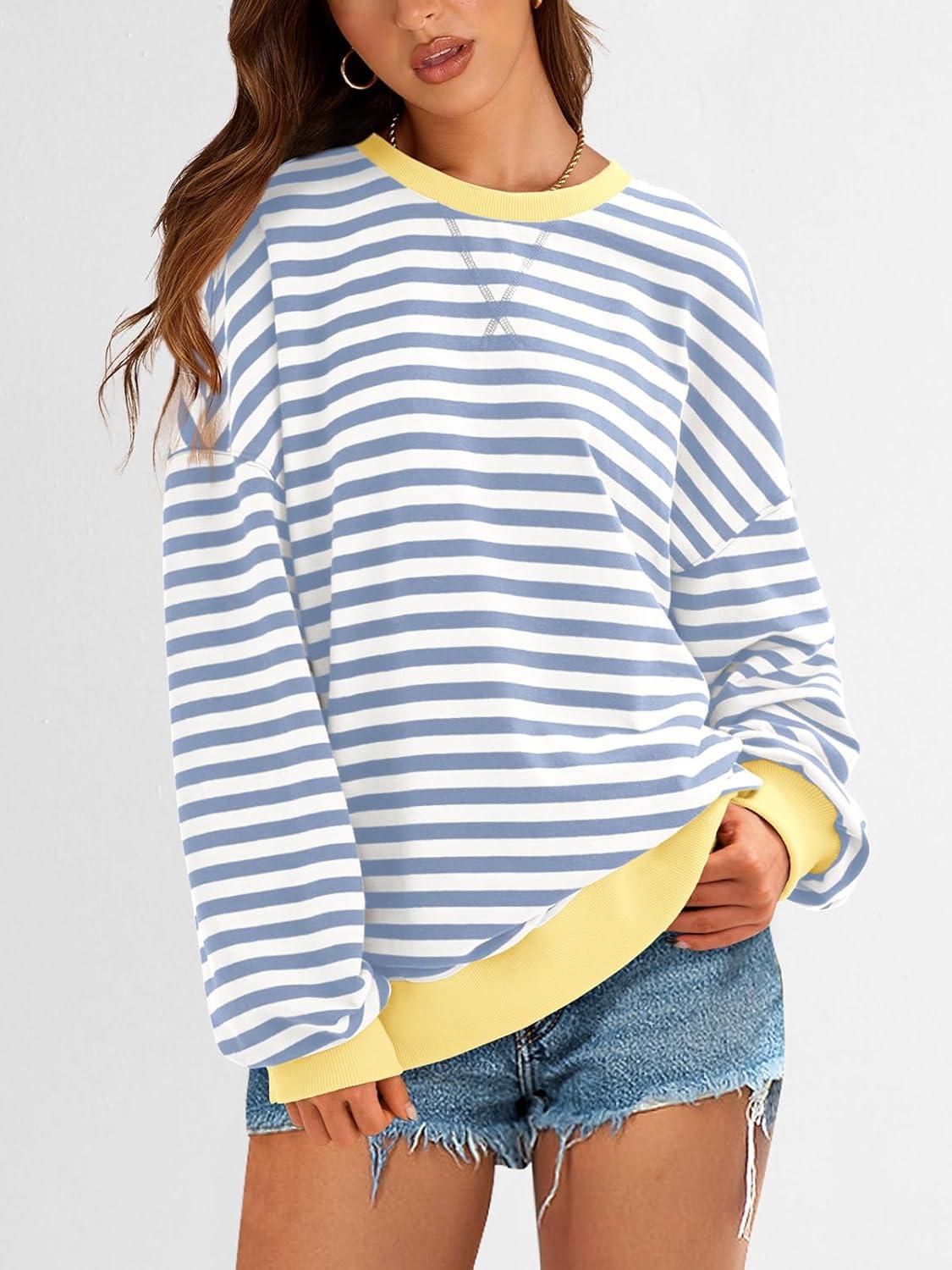 imagePRETTYGARDEN Womens Striped Oversized Sweatshirt Color Block Crew Neck Long Sleeve Casual Loose Pullover Top Y2K ClothesBlue Beige