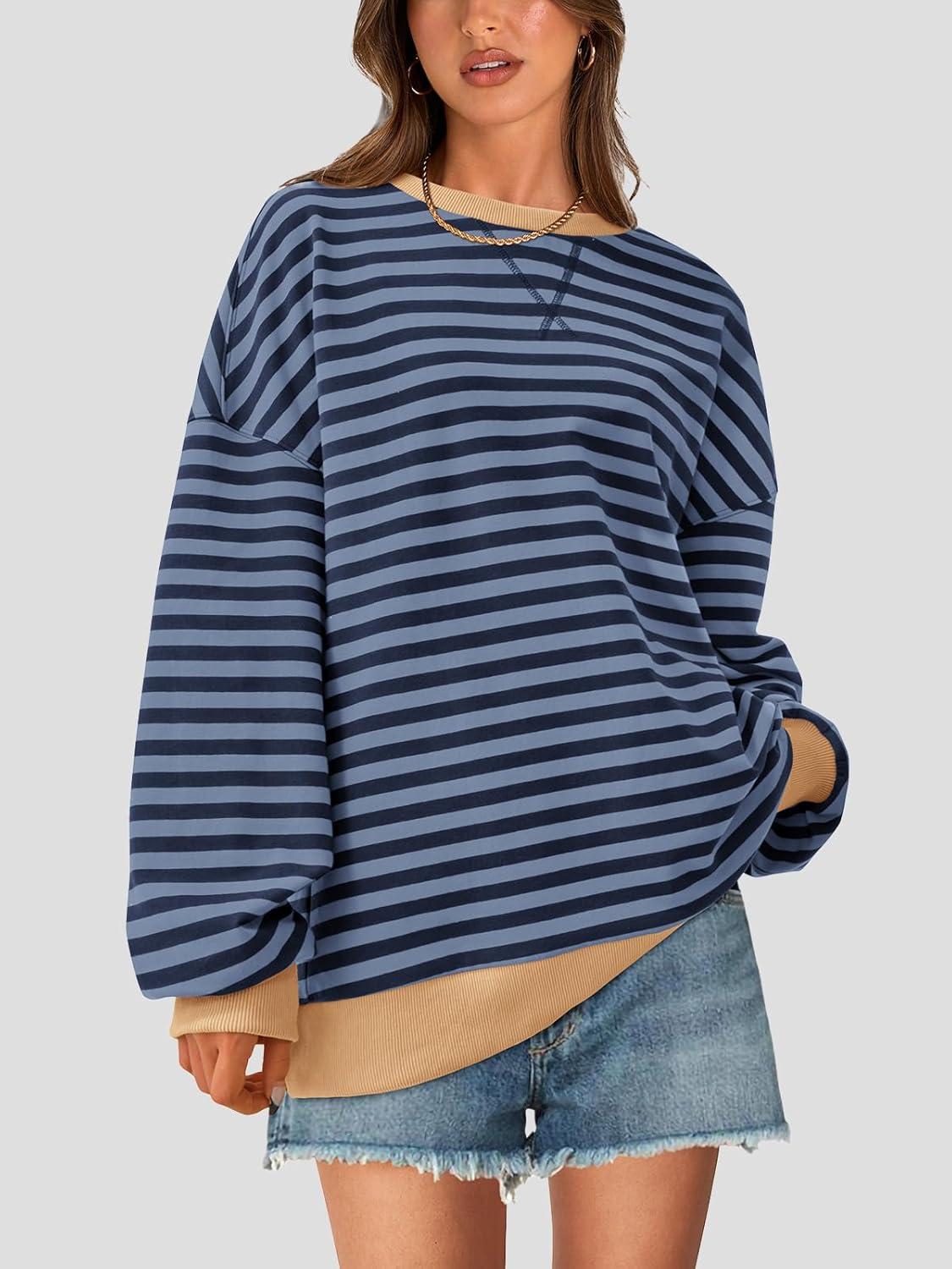 imagePRETTYGARDEN Womens Striped Oversized Sweatshirt Color Block Crew Neck Long Sleeve Casual Loose Pullover Top Y2K ClothesBlue Navy