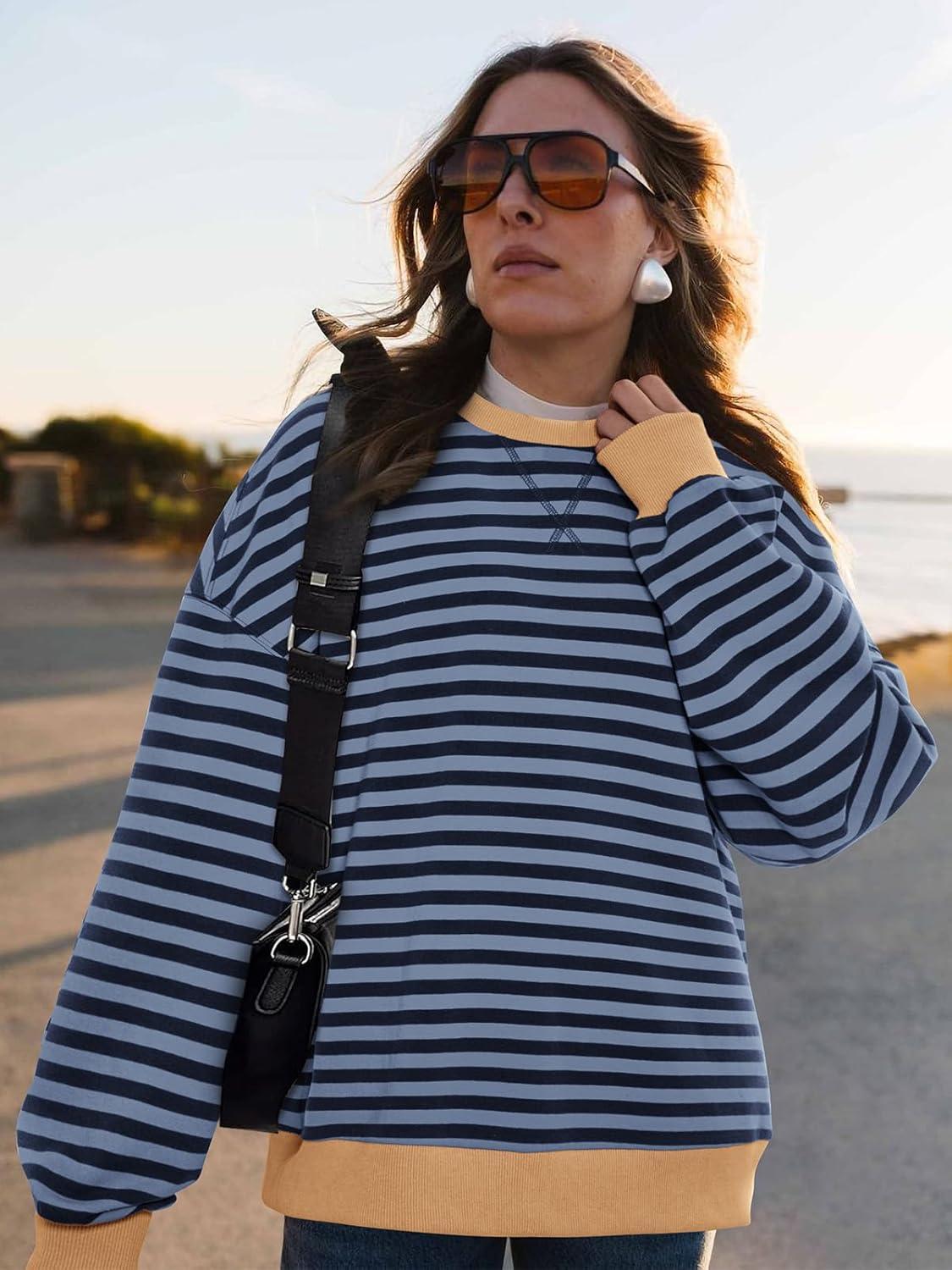 imagePRETTYGARDEN Womens Striped Oversized Sweatshirt Color Block Crew Neck Long Sleeve Casual Loose Pullover Top Y2K ClothesBlue Navy