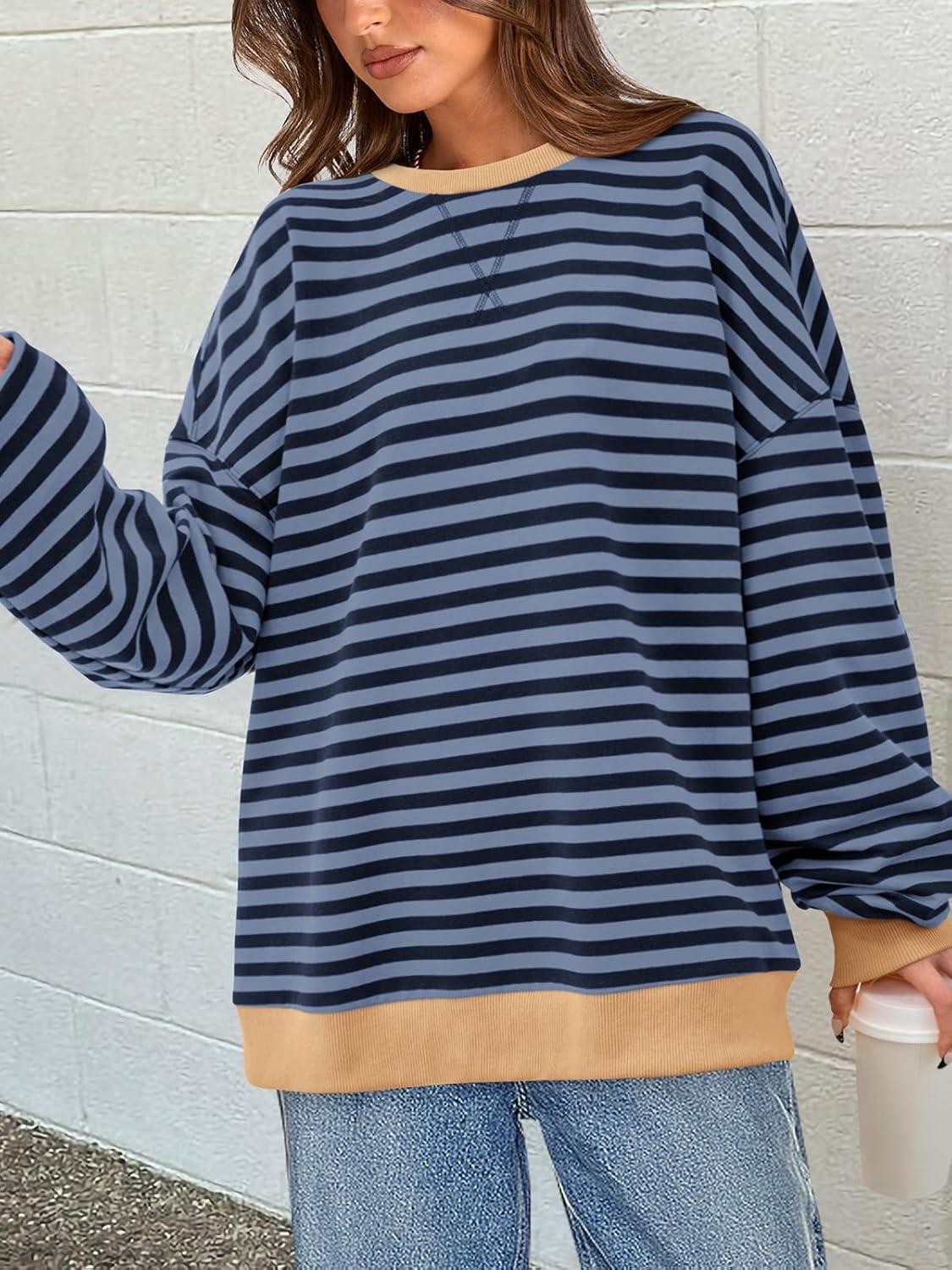 imagePRETTYGARDEN Womens Striped Oversized Sweatshirt Color Block Crew Neck Long Sleeve Casual Loose Pullover Top Y2K ClothesBlue Navy