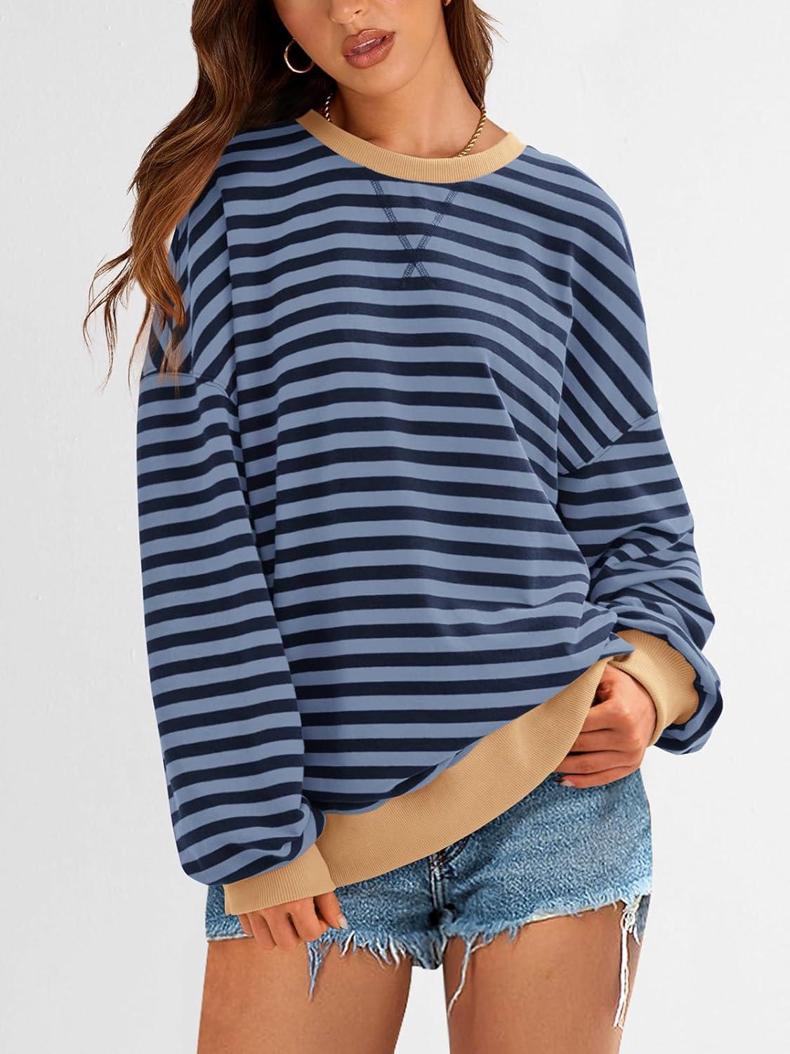 imagePRETTYGARDEN Womens Striped Oversized Sweatshirt Color Block Crew Neck Long Sleeve Casual Loose Pullover Top Y2K ClothesBlue Navy