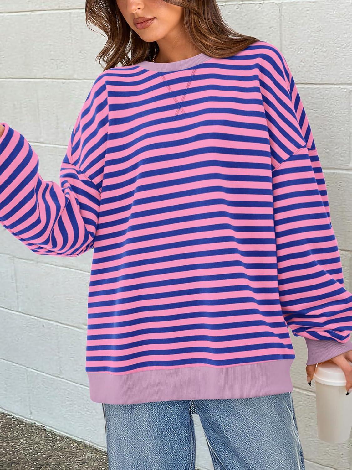 imagePRETTYGARDEN Womens Striped Oversized Sweatshirt Color Block Crew Neck Long Sleeve Casual Loose Pullover Top Y2K ClothesBlue Pink