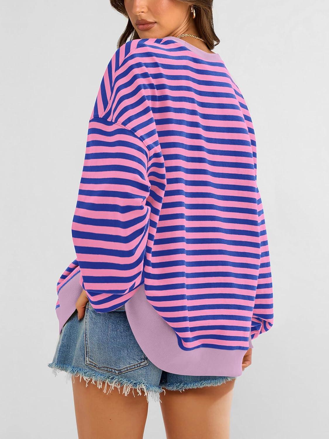 imagePRETTYGARDEN Womens Striped Oversized Sweatshirt Color Block Crew Neck Long Sleeve Casual Loose Pullover Top Y2K ClothesBlue Pink