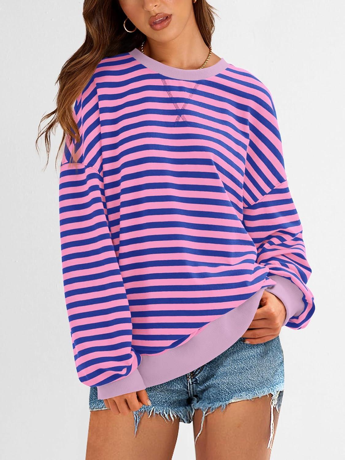 imagePRETTYGARDEN Womens Striped Oversized Sweatshirt Color Block Crew Neck Long Sleeve Casual Loose Pullover Top Y2K ClothesBlue Pink