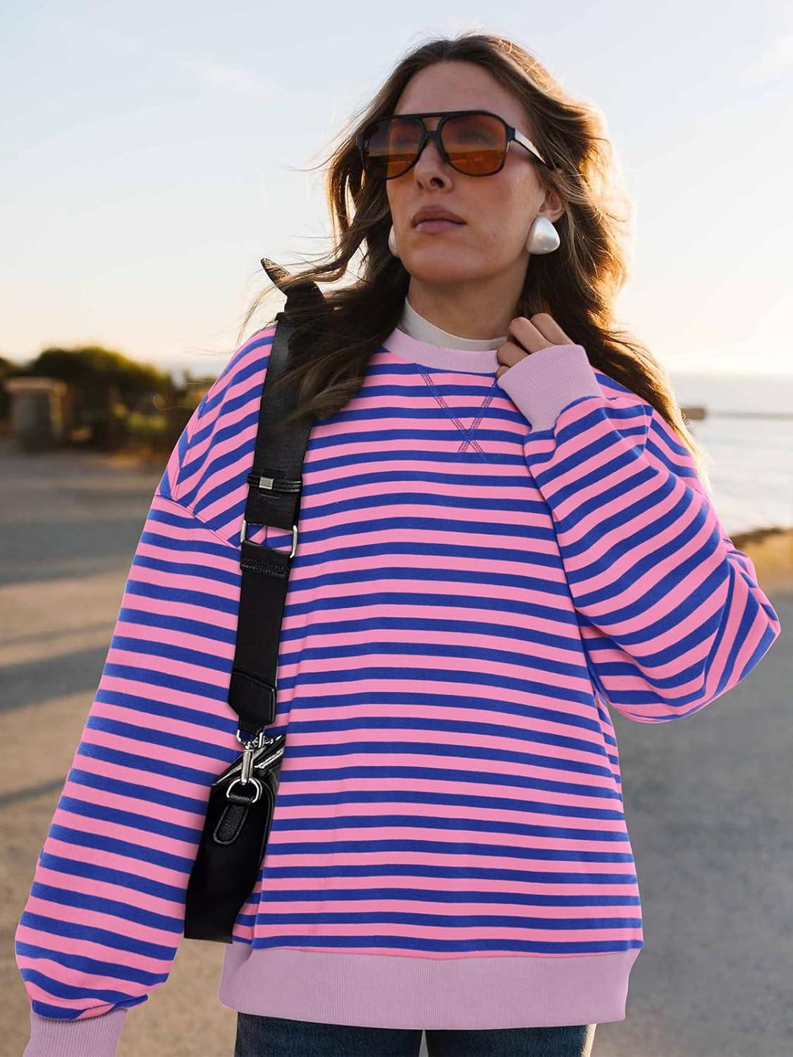 imagePRETTYGARDEN Womens Striped Oversized Sweatshirt Color Block Crew Neck Long Sleeve Casual Loose Pullover Top Y2K ClothesBlue Pink