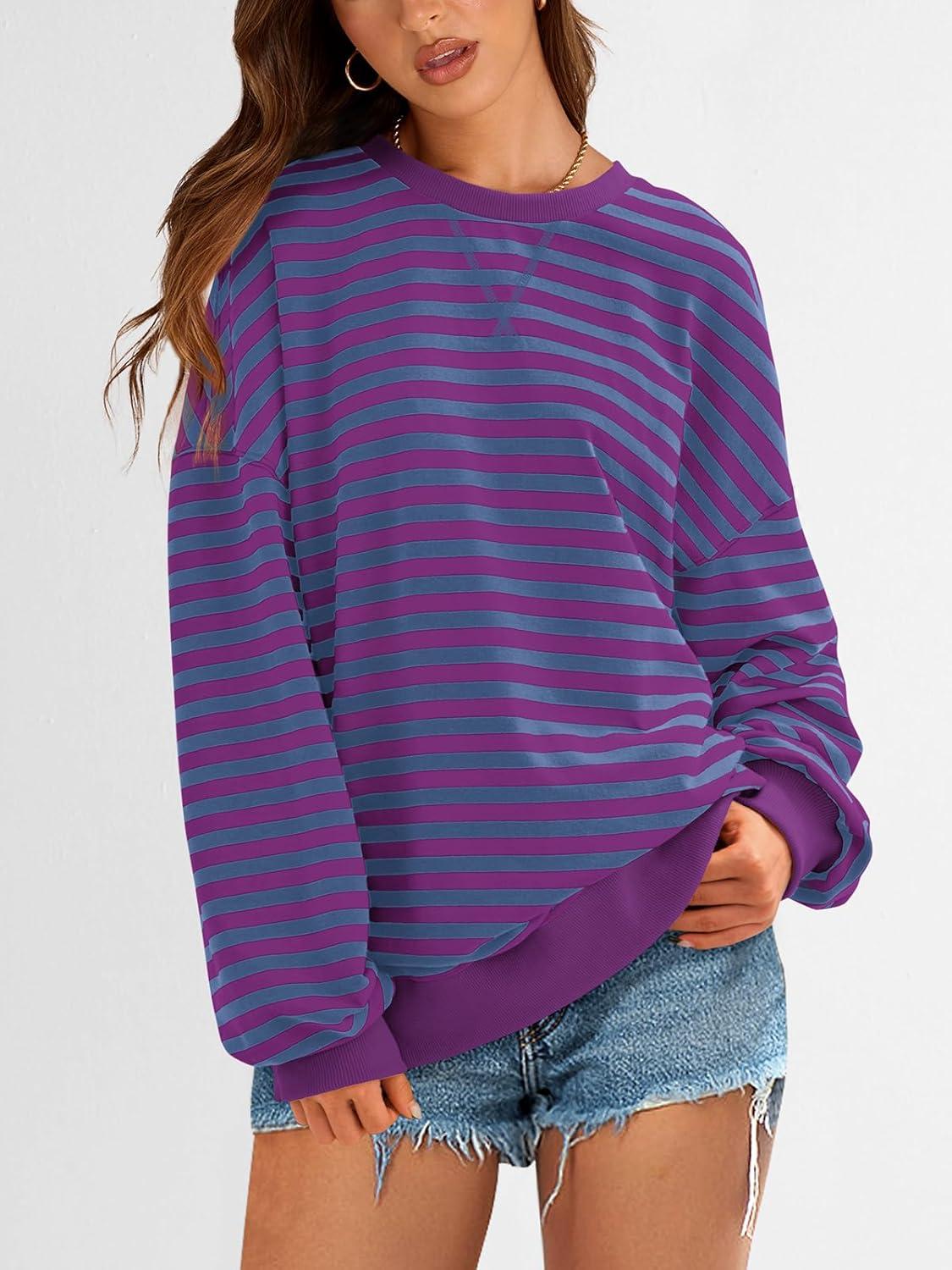 imagePRETTYGARDEN Womens Striped Oversized Sweatshirt Color Block Crew Neck Long Sleeve Casual Loose Pullover Top Y2K ClothesBlue Purple