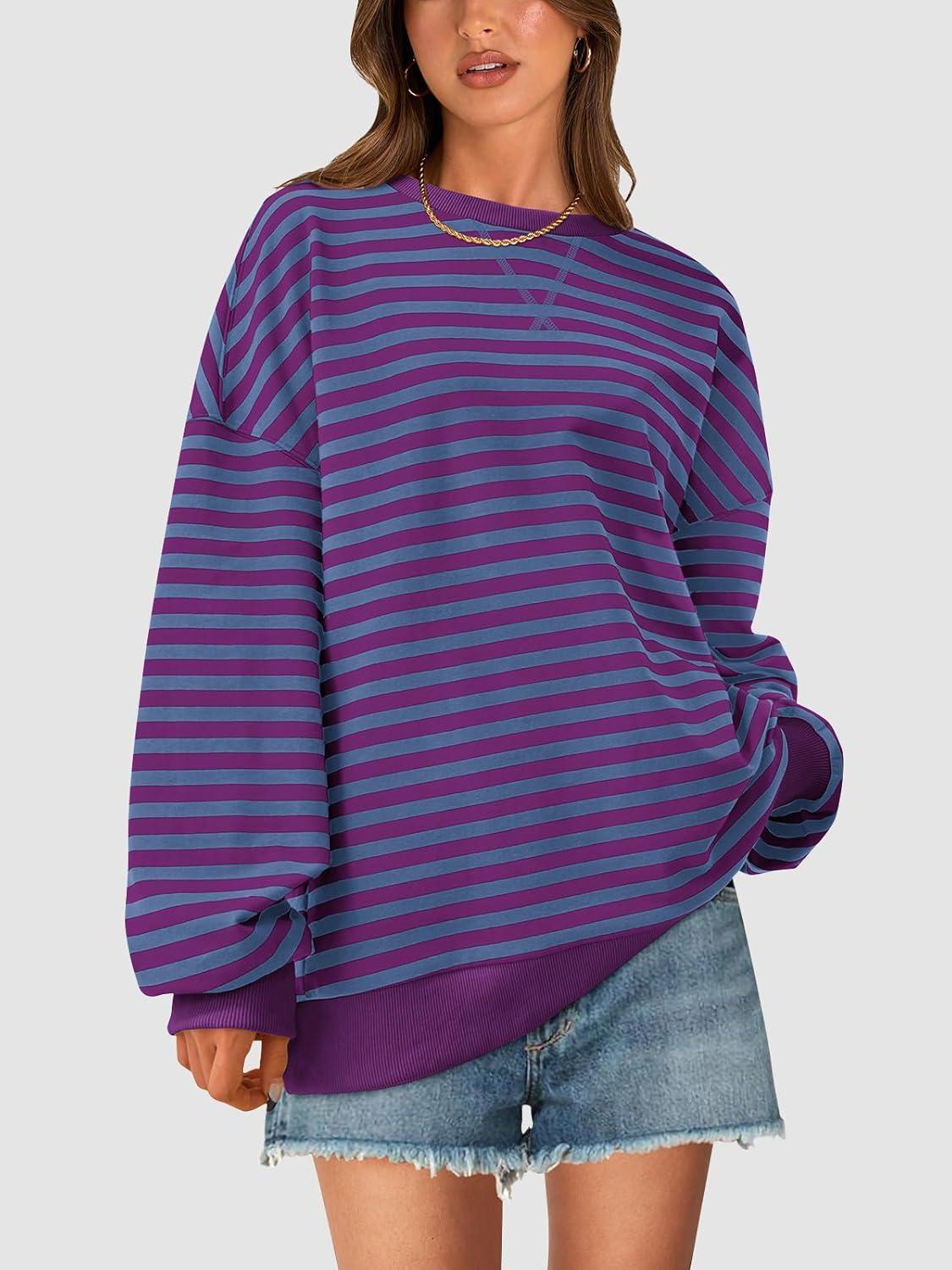 imagePRETTYGARDEN Womens Striped Oversized Sweatshirt Color Block Crew Neck Long Sleeve Casual Loose Pullover Top Y2K ClothesBlue Purple