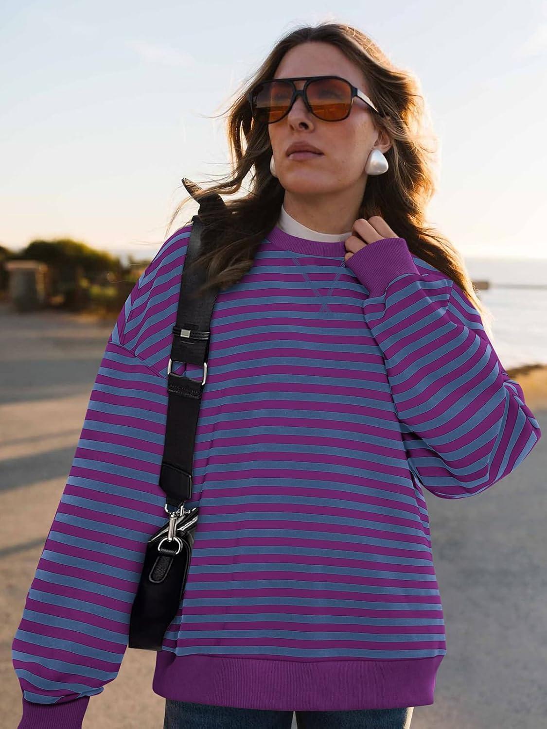 imagePRETTYGARDEN Womens Striped Oversized Sweatshirt Color Block Crew Neck Long Sleeve Casual Loose Pullover Top Y2K ClothesBlue Purple