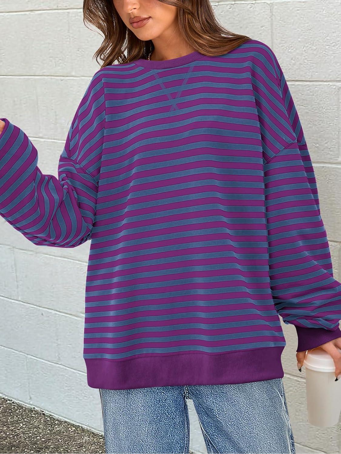 imagePRETTYGARDEN Womens Striped Oversized Sweatshirt Color Block Crew Neck Long Sleeve Casual Loose Pullover Top Y2K ClothesBlue Purple