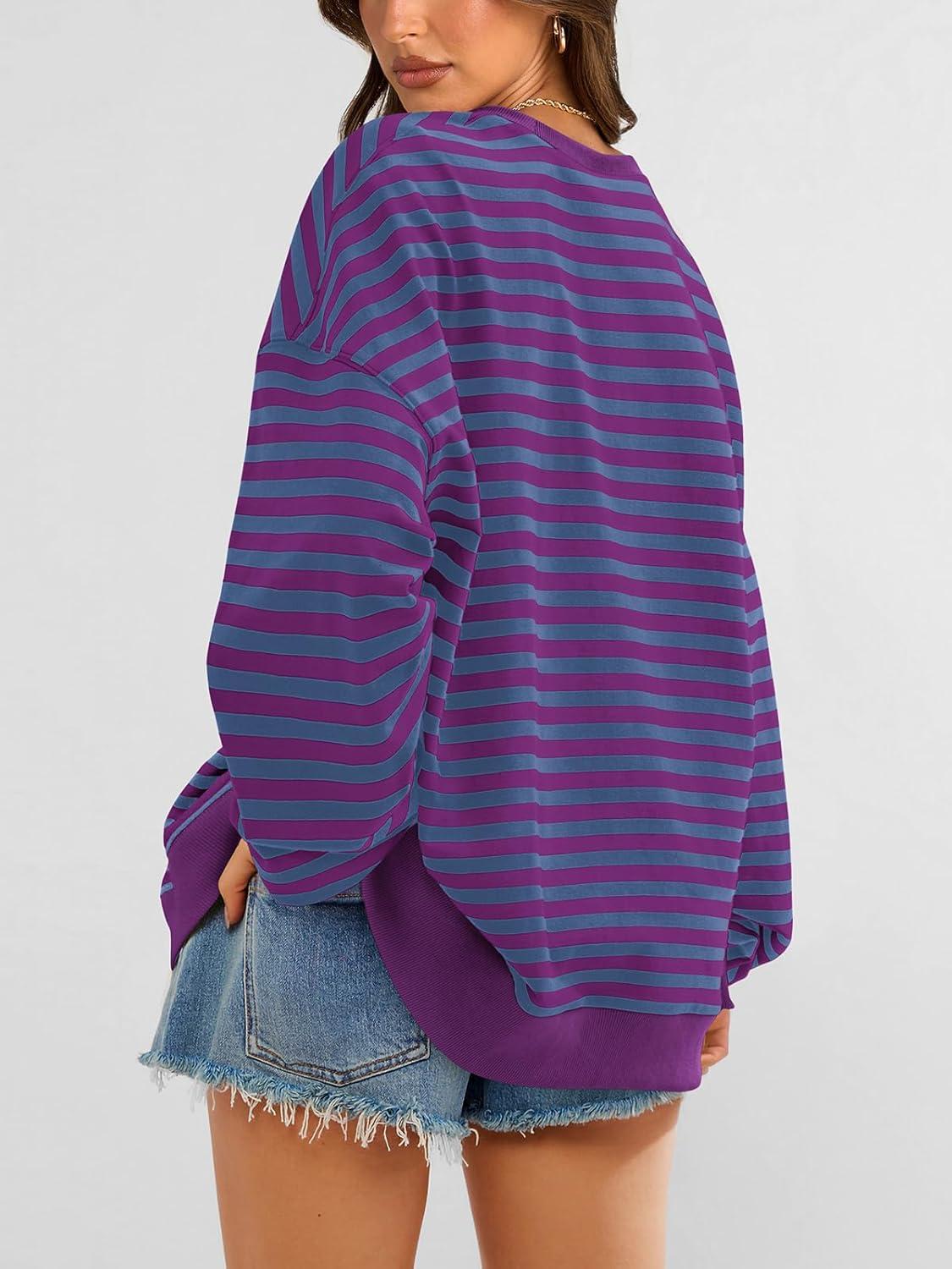 imagePRETTYGARDEN Womens Striped Oversized Sweatshirt Color Block Crew Neck Long Sleeve Casual Loose Pullover Top Y2K ClothesBlue Purple