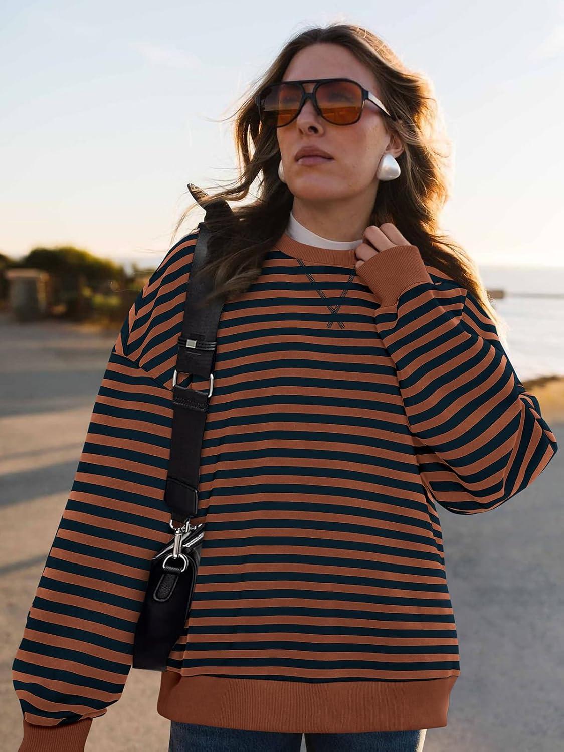 imagePRETTYGARDEN Womens Striped Oversized Sweatshirt Color Block Crew Neck Long Sleeve Casual Loose Pullover Top Y2K ClothesBrown Navy