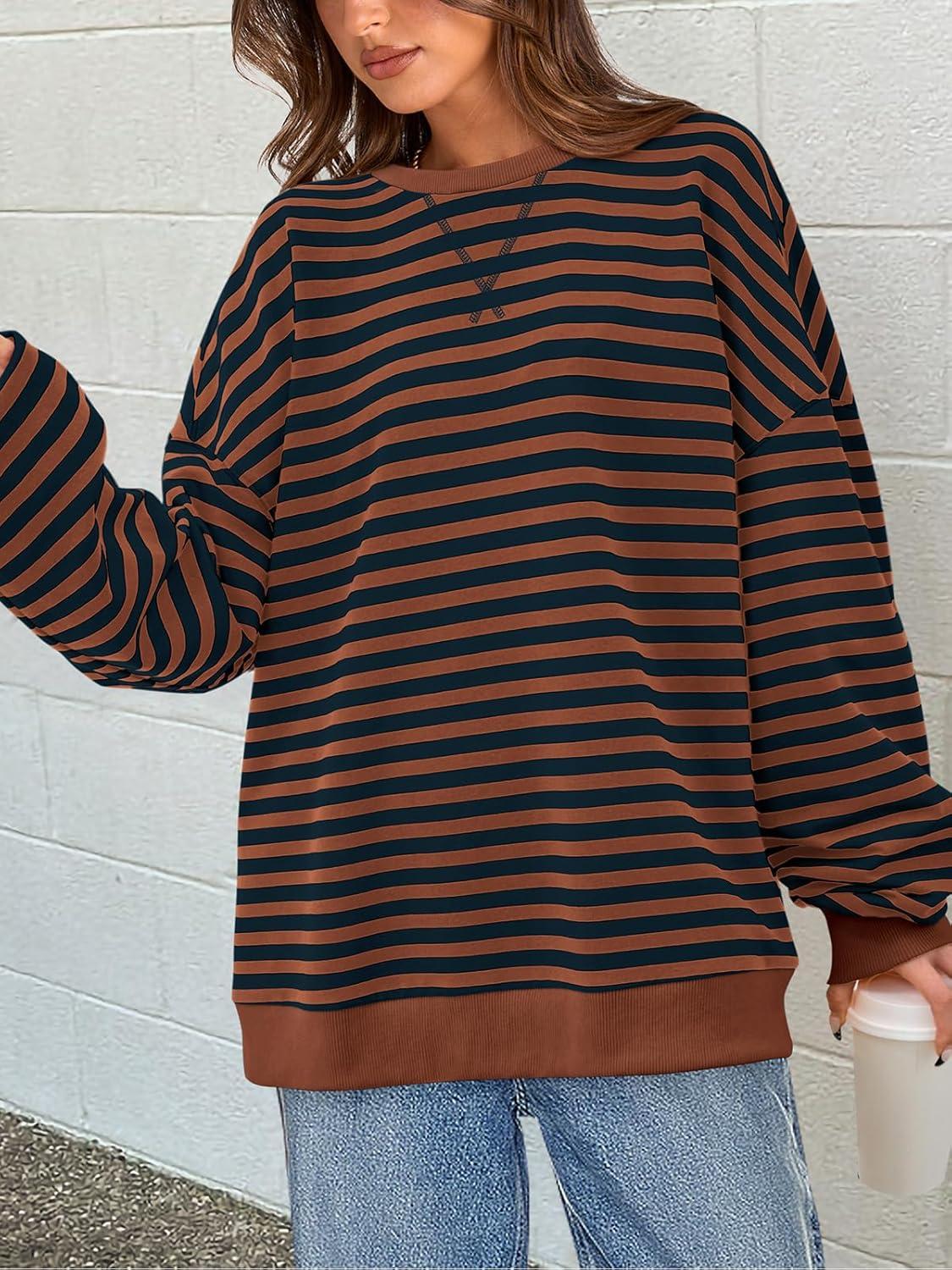 imagePRETTYGARDEN Womens Striped Oversized Sweatshirt Color Block Crew Neck Long Sleeve Casual Loose Pullover Top Y2K ClothesBrown Navy